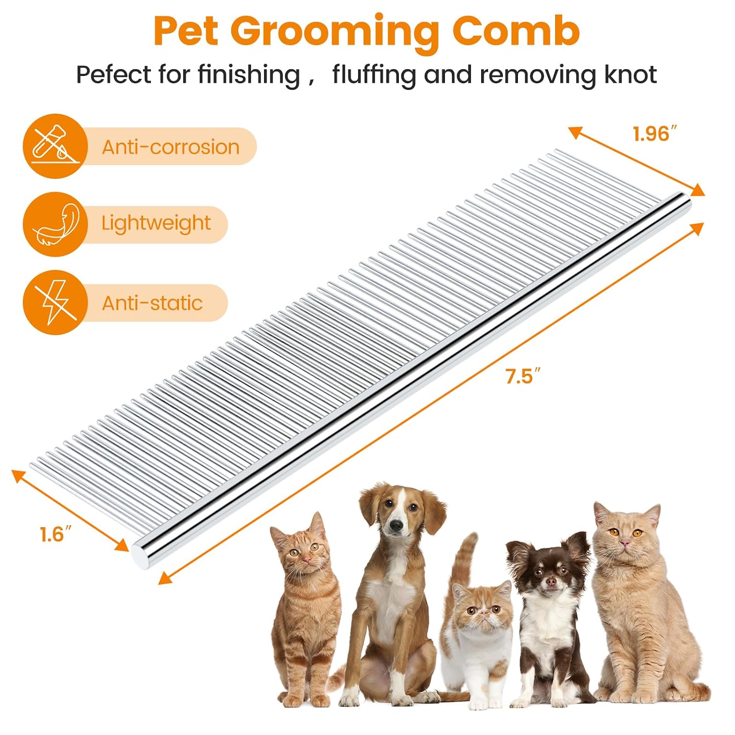 Pet Steel Grooming Tool Poodle Finishing Butter Comb 7 1/2-inch L Silver Dog Combs with Rounded Ends Stainless Steel Teeth, Cat Comb for Removing Tangles and Knots - view 2