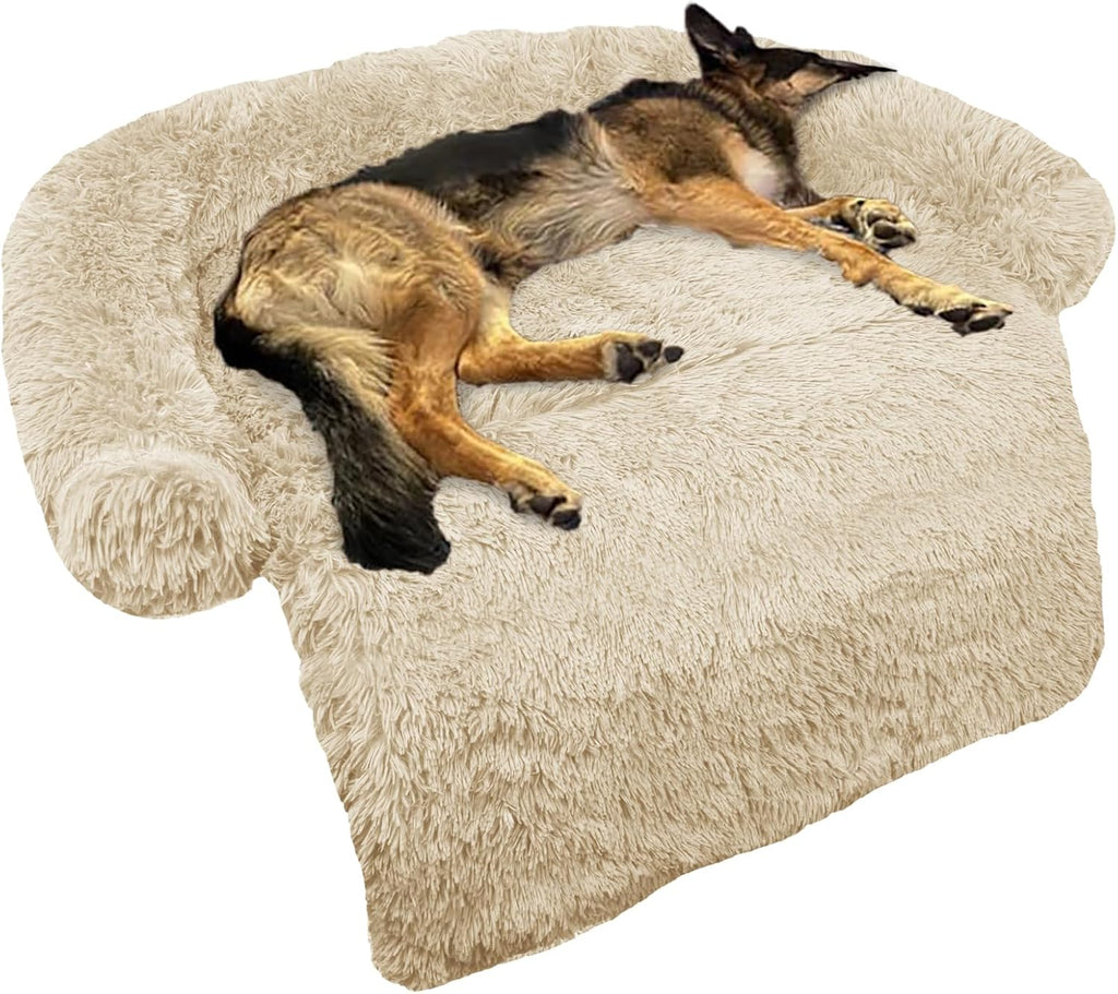 Calming dog bed fluffy plush dog mat for furniture protector with removable washable cover for large medium small dogs and cats (large, beige)