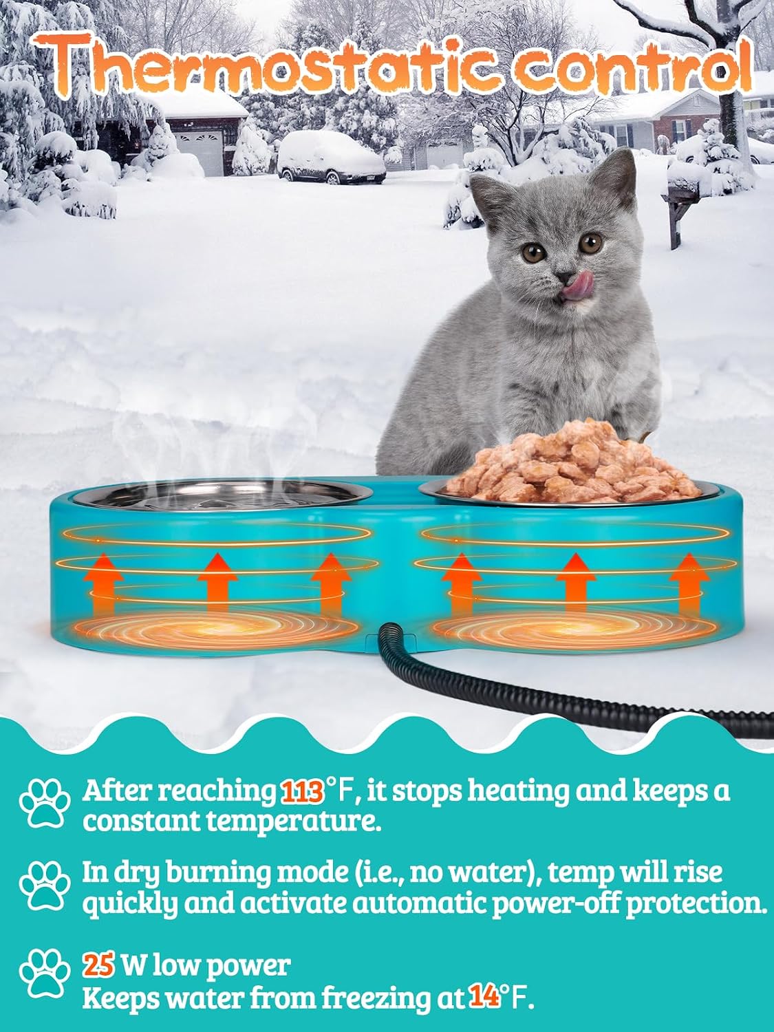 ​Heated Water Bowl for Cats - 48Oz Outdoor Heated Pet Dog Bowl with 2 Stainless Steel Bowl, Thermostatic Control for Keeping Water and Food from Freezing in Winter Cat Gifts - view 4