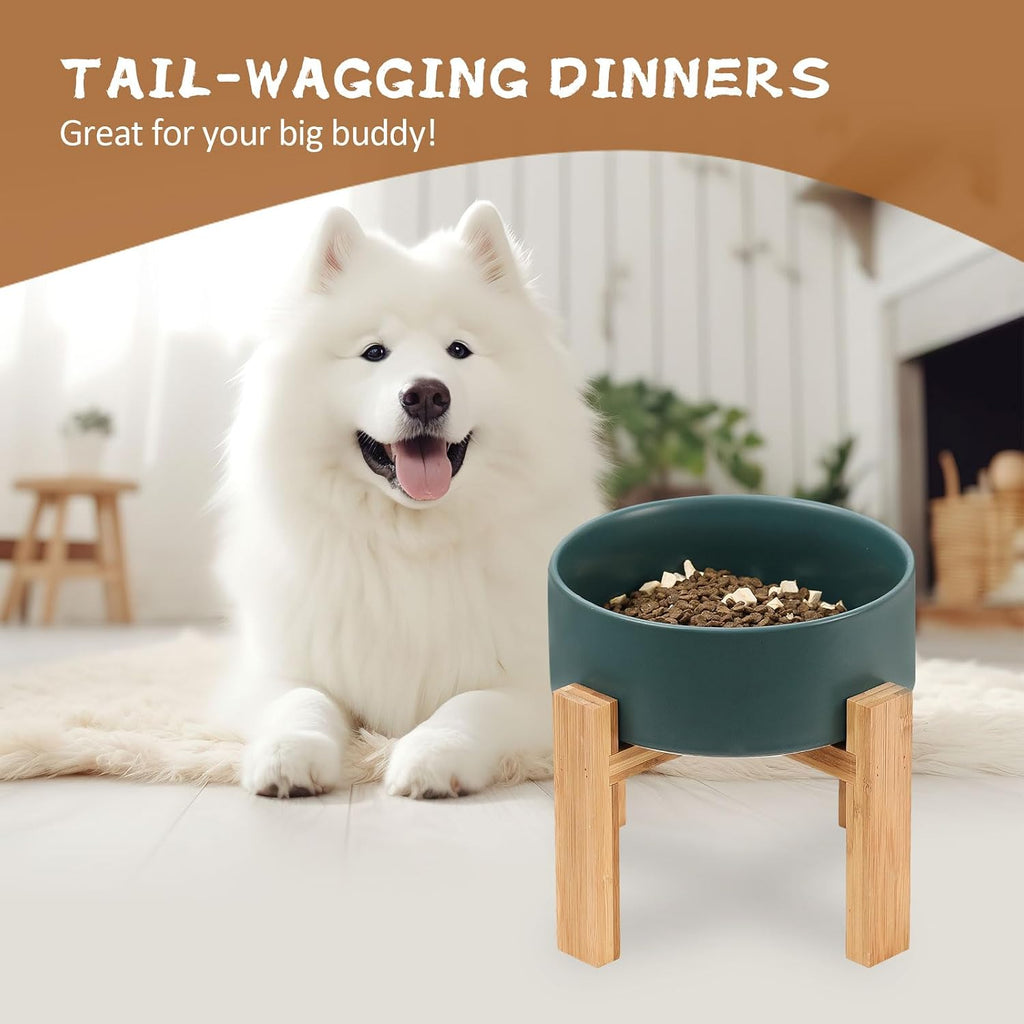 Raised ceramic large dog bowl - heavy weighted dog dish with bamboo stand - elevated for comfortable feeding - 8.3" W x 8" H - 4.5 cups (68 fl oz) - green - view 8