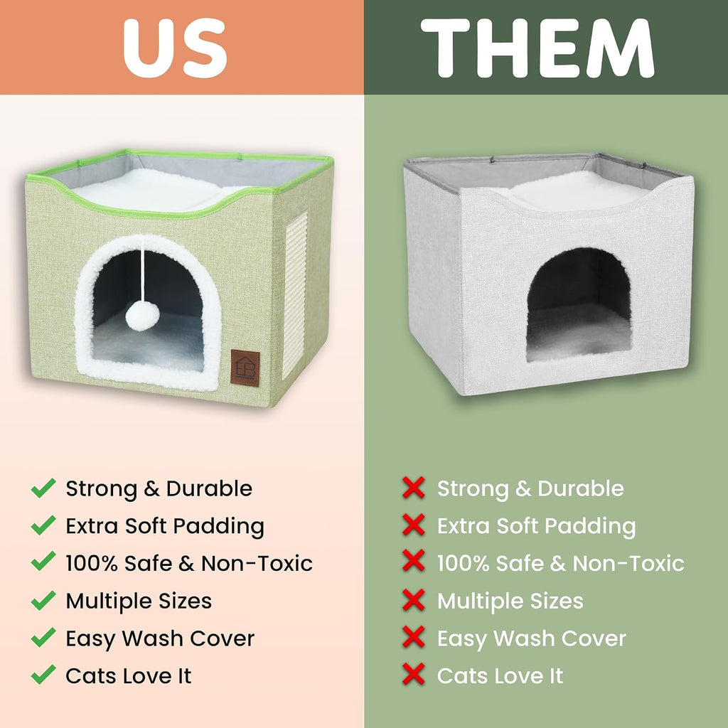 EverBrightly Cat Condo Bed | Foldable Pet Cave with Scratcher Pad, Reversible Cushion & Hanging Toy Ball | Indoor Hideaway, Lounge Perch & Playhouse, Durable Linen with Cozy Sherpa - view 3