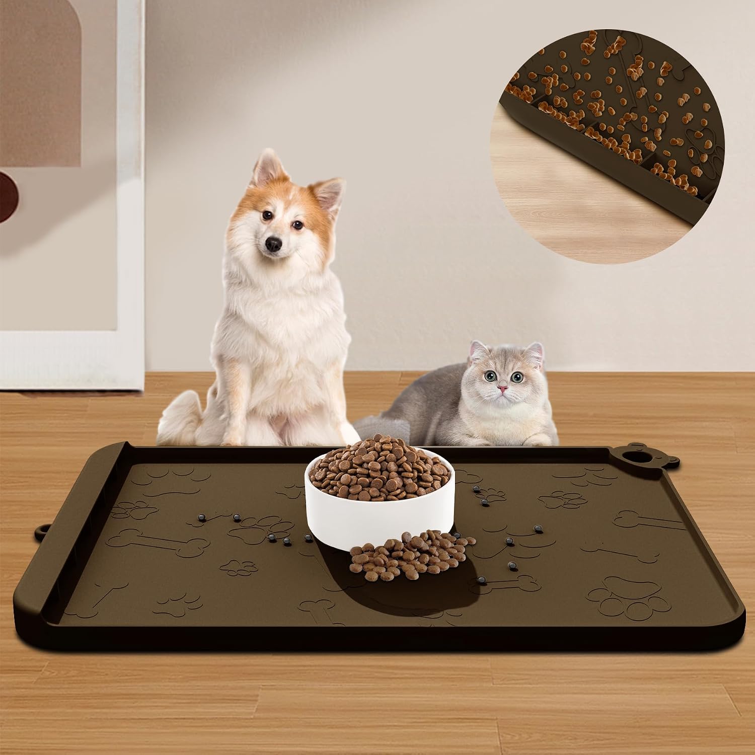 Silicone Dog Food and Water Mat - Pet Feeding Mats with Waterproof Design, Raised Edges and Hooks, Placemats for Cats and Dogs - view 5