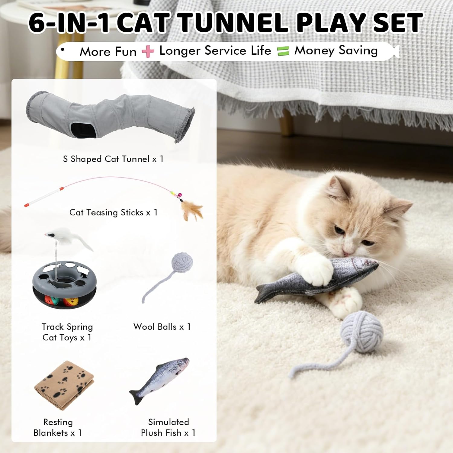Cat Tunnels for Indoor Cats, 6-in-1 Collapsible Crinkle Play Tunnel | Interactive Roller Track Ball, Cat Enrichment Toy for Kittens Rabbits, Exercise Hide & Seek Tube for Indoor Outdoor Play - view 7