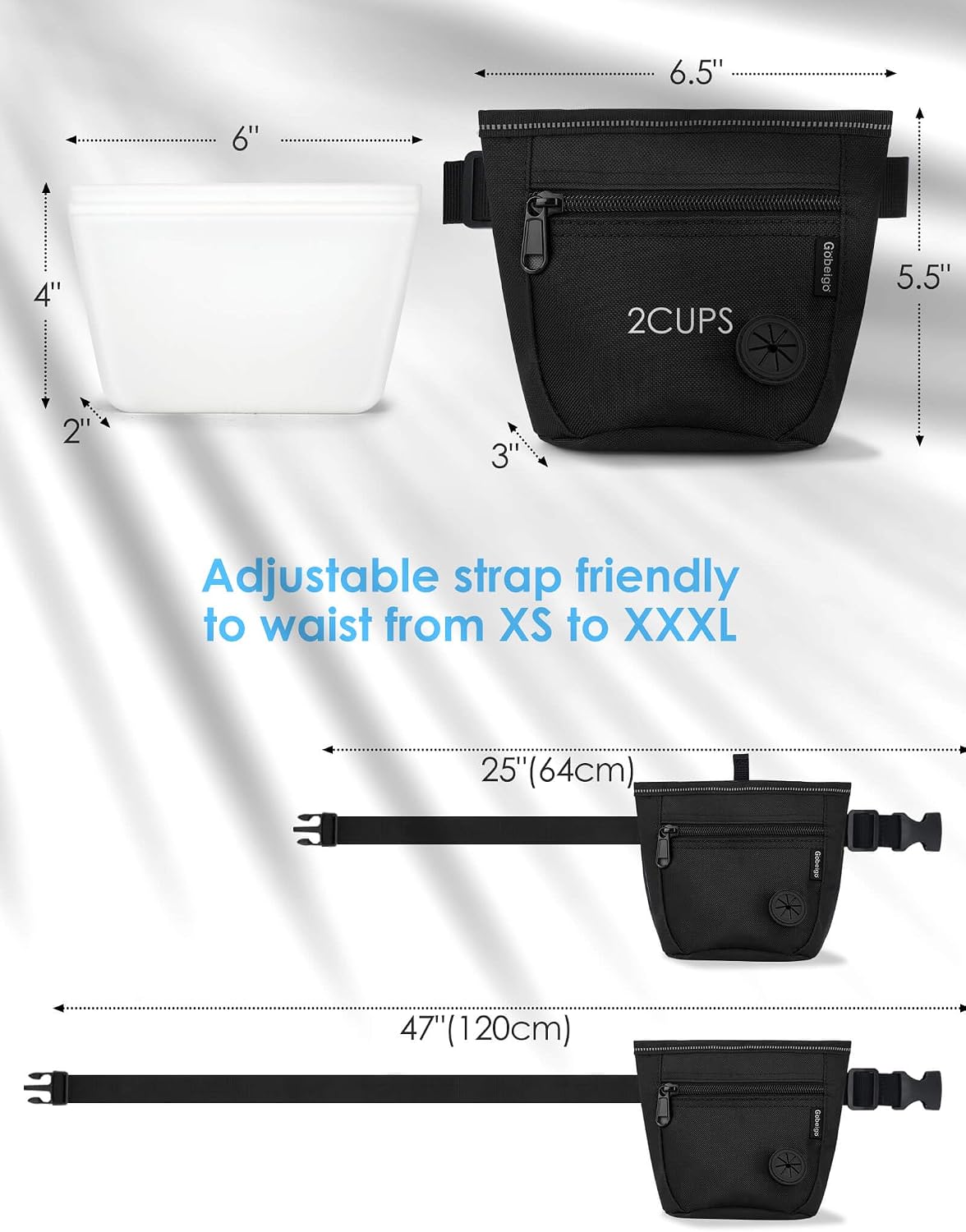 2 Cup Dog Treat Pouch with Silicone Insert Bag& Clicker(Raven) | 2 Pair Magnetic Closures, Zipper Pocket with Poop Bag Holder, Waist Belt & Metal Clip to Wear for Pet Training/Daily Walking - view 6