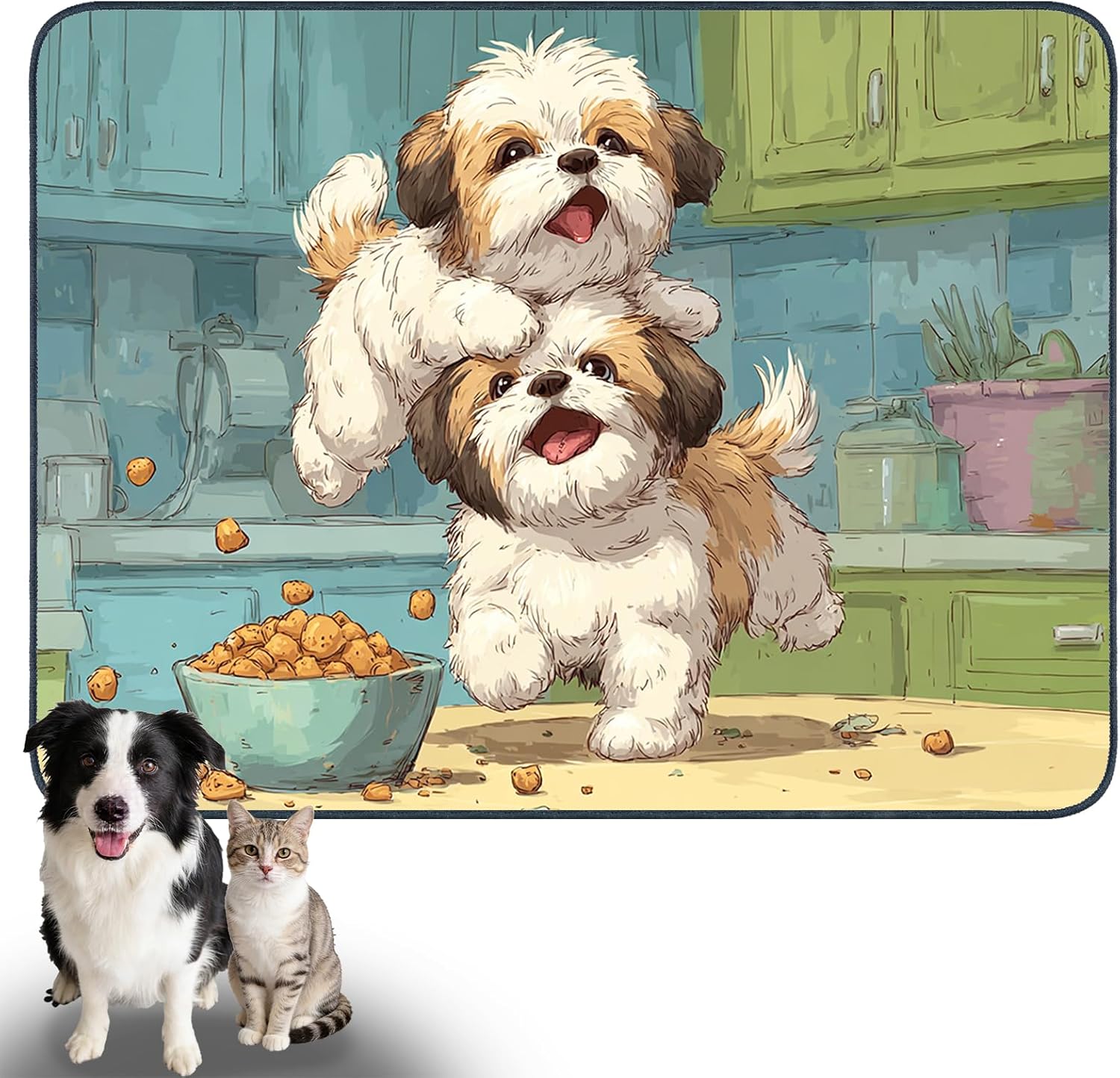 Playful Puppy Pet Food Mat Polyester 23.62x17.71 Inches | Pet Supplies Food Mat Dog Bowl Spill Pad Feeding Tray Kitchen Patio Pet Dining Nook (Puppy Design)