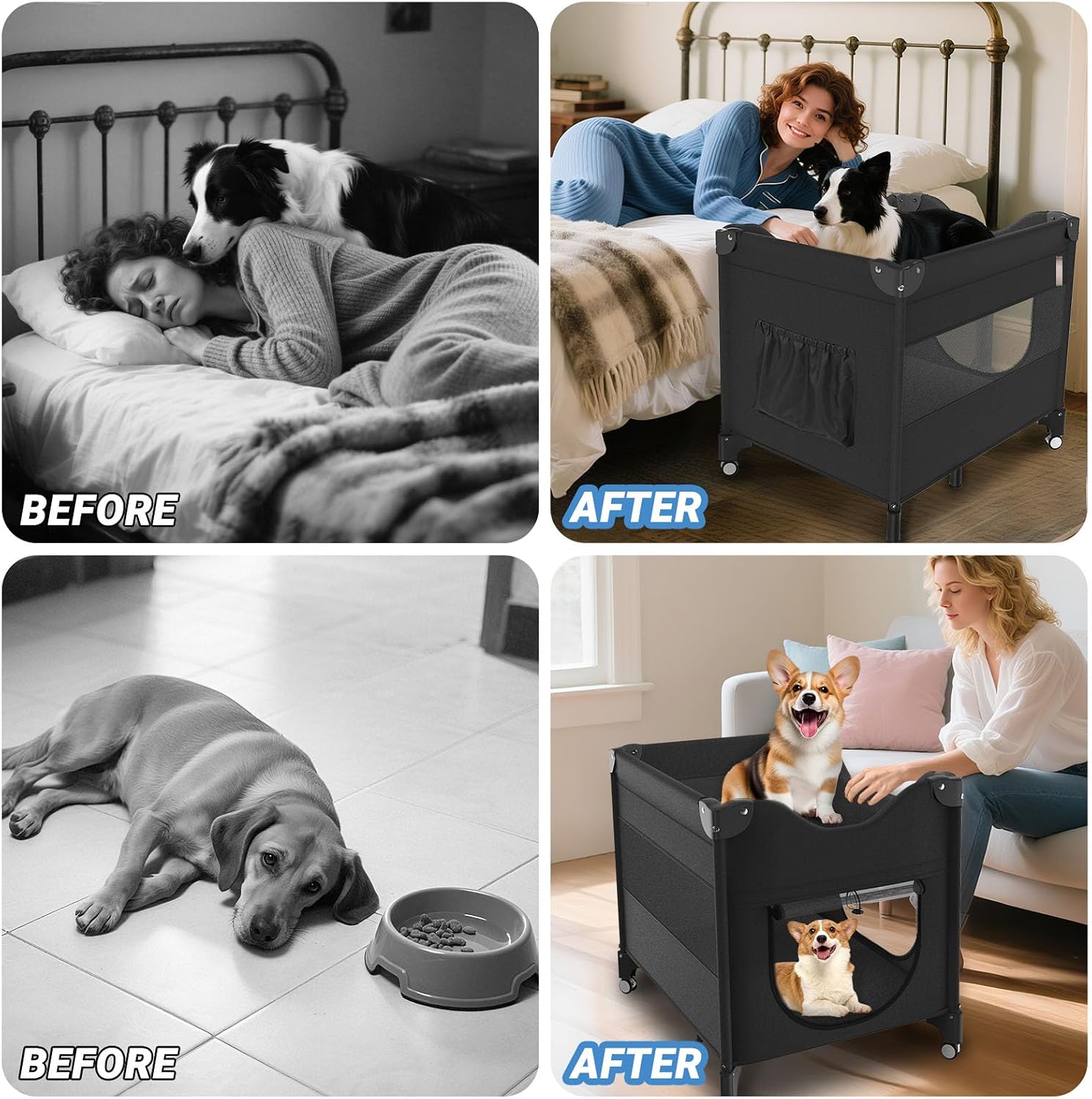 Bedside Dog Lounge Bed, Fordable Bunk Beds Attachment to Human Bed | Raised Dog Lounge Bed for Small Medium Cats & Dogs, Elevated Bedside Co-sleeper Dog Cot with Wheels, Pet Window Perch, Black - view 7