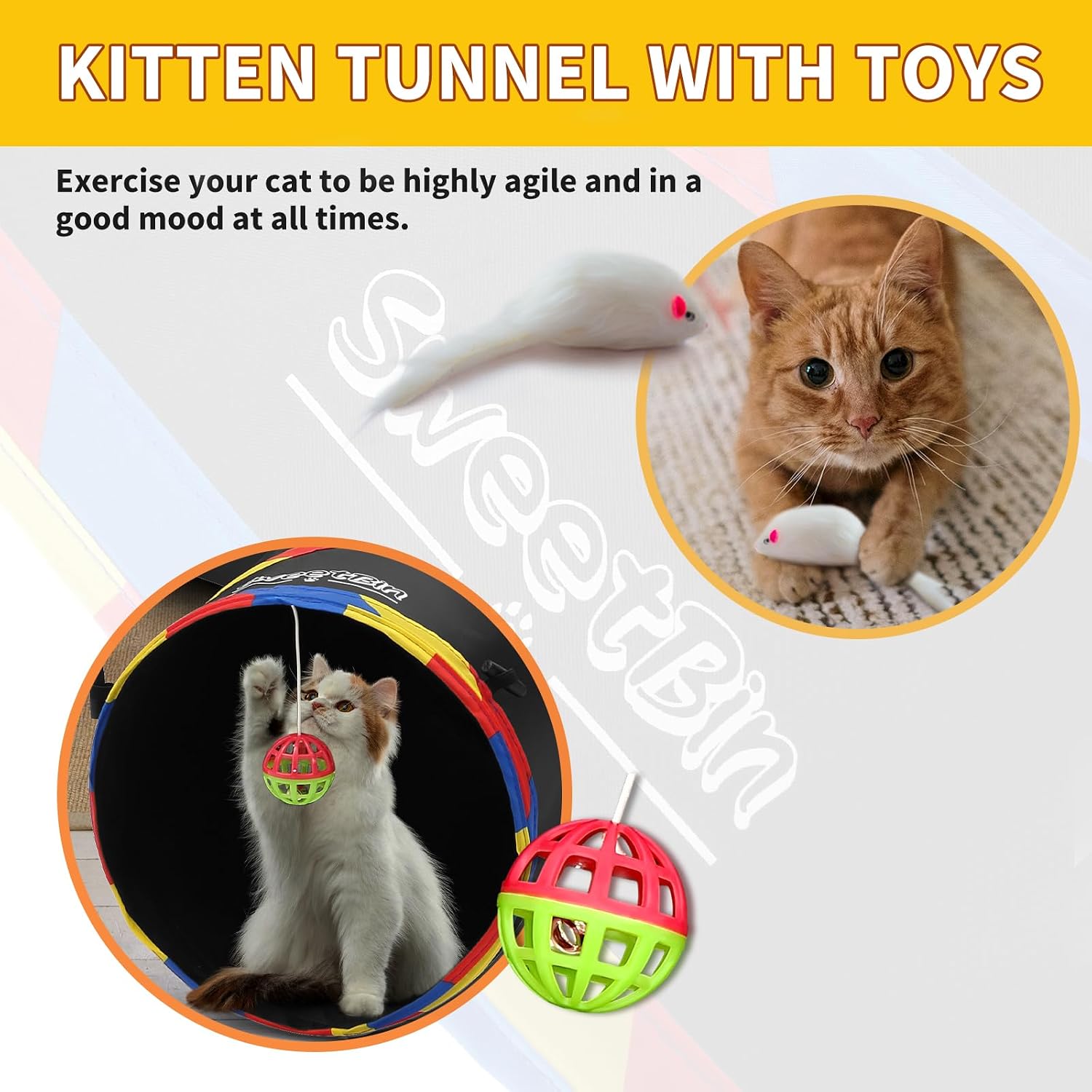 4 Way Large Cat Tunnels for Indoor Cats - 10" Diameter & 47" Long Play Tunnel Toy - Cat Tube with Play Ball & Mouse Toy - Interactive Peephole (Black) - view 6