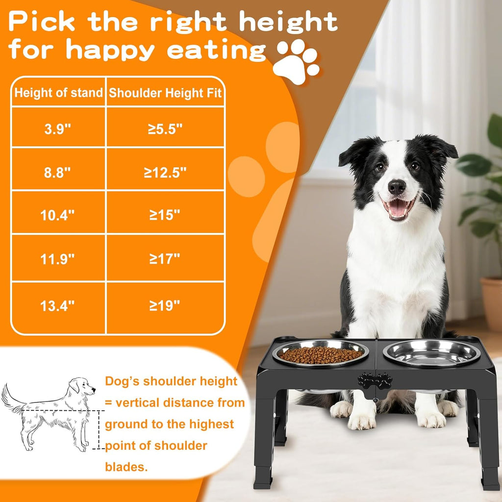 Elevated Dog Bowls, 5 Adjustable Heights (3.9"-13.4") Raised Dogs Food Bowl Stand for Medium Large Sized Dogs, Non-Slip Foldable Travel Pet Feeder Black with Stainless Steel Bowls - view 6