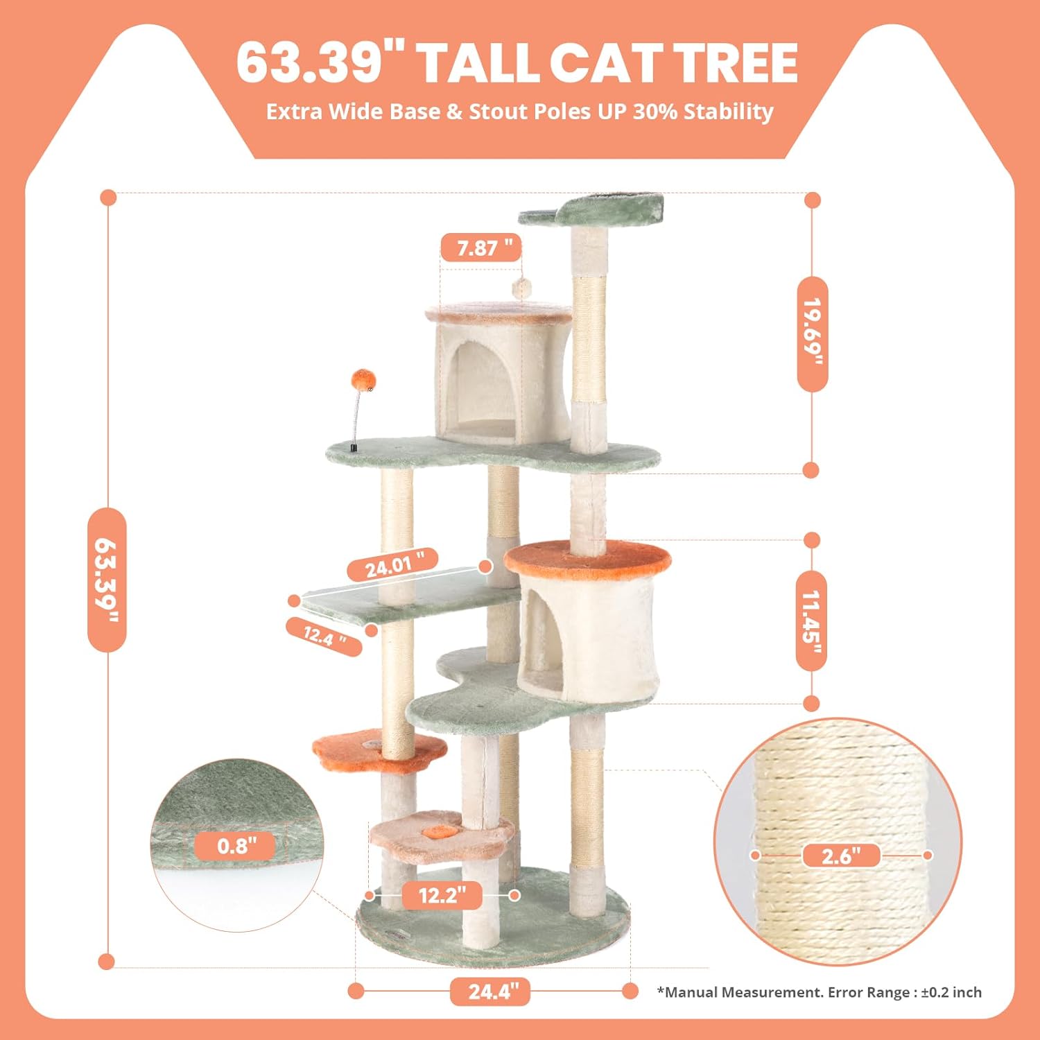 63-inch Cat Tree for Large Cats, Multi-Level Flower Tower with Condo, Sisal Scratching Posts & Toy Balls, Sturdy & Safe Indoor Playhouse - view 3