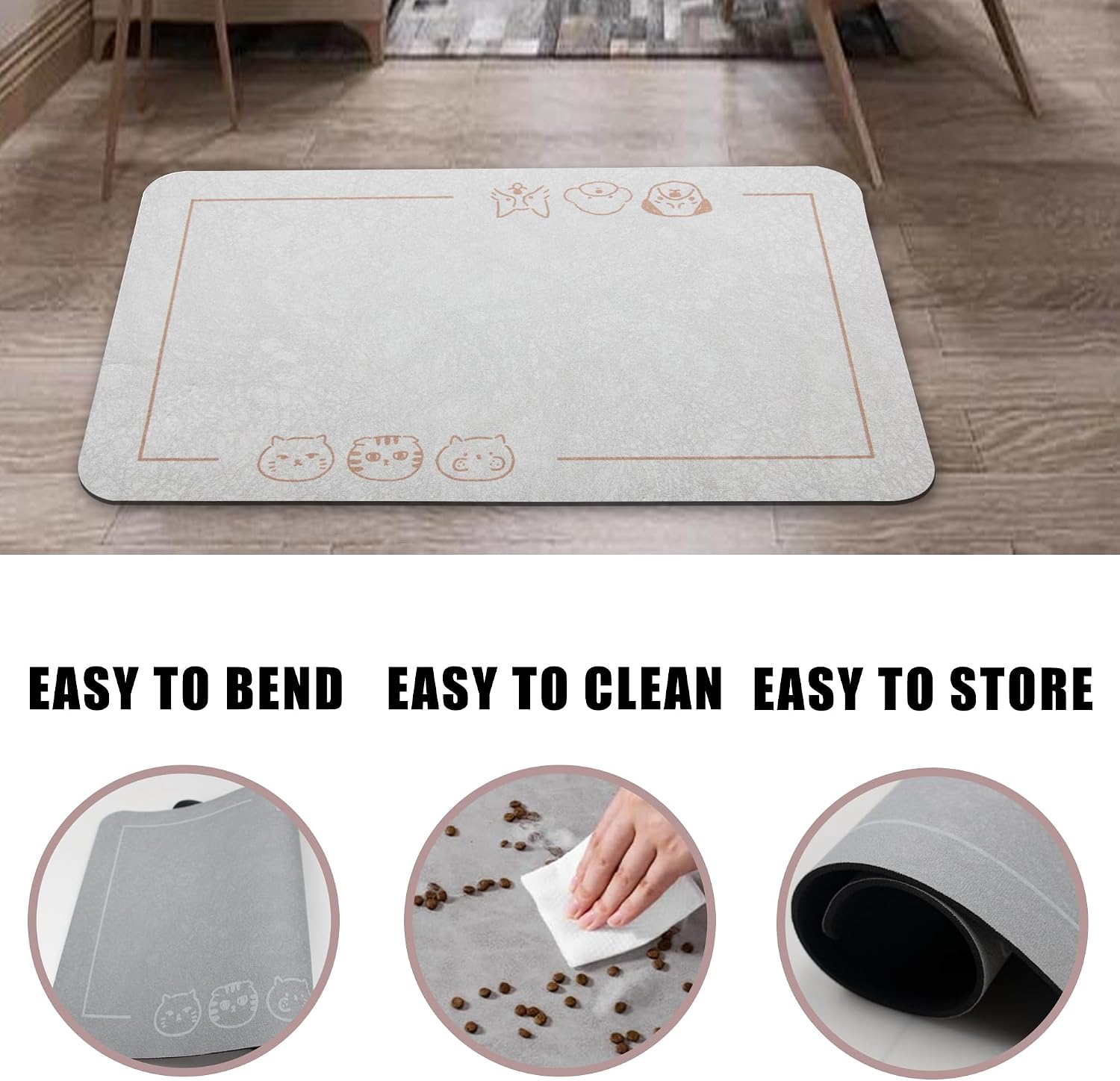 Cat pet food mat - non-slip bottom absorbent quick dry feeding mat for dogs and cats - pet supplies, 11.8"x18.1" beige - view 5