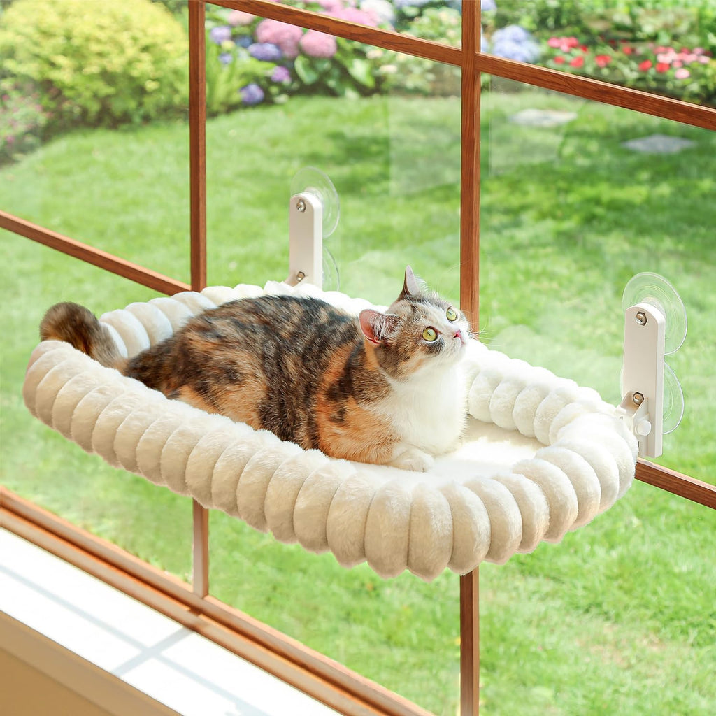 Foldable cat window perch - cordless, ultra soft machine washable bed with 4-sided bolster, metal frame - window hammock for large cats and kittens (cream white, medium)