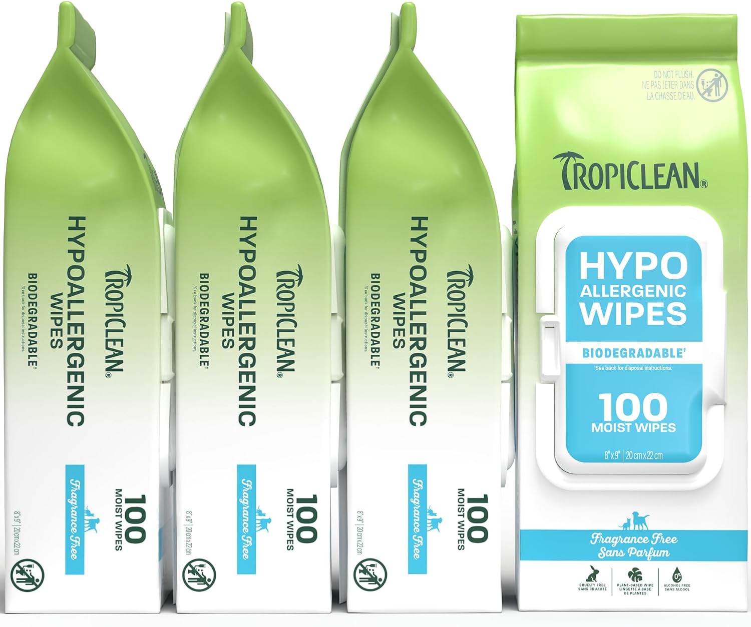 TropiClean Hypoallergenic Dog Wipes, Unscented, 100ct, 4 Pack