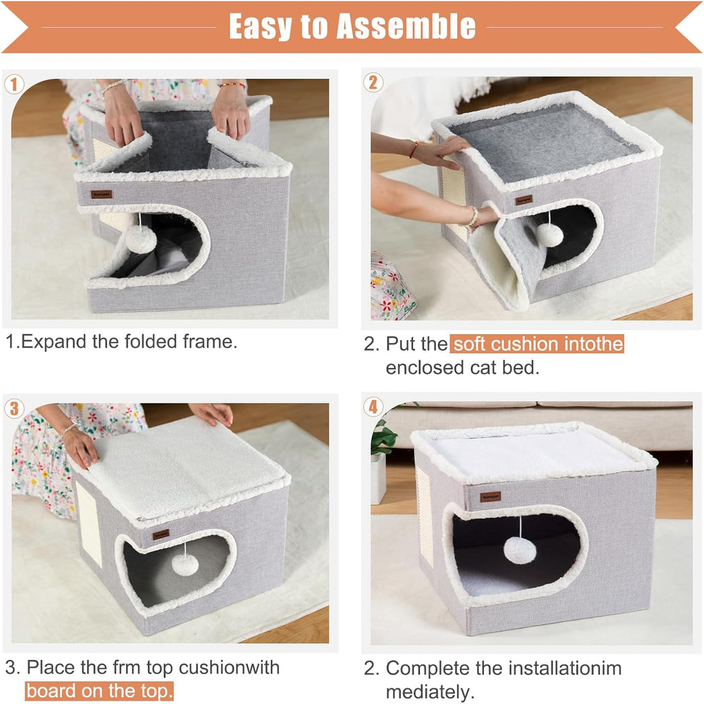 Cat Bed for Indoor Cats Cube House, Covered Cat Cave Beds & Furniture with Scratch Pad and Hideaway Tent, Cute Modern Cat Condo for Multi Small Pet Large Kitten Kitty, Grey - view 4