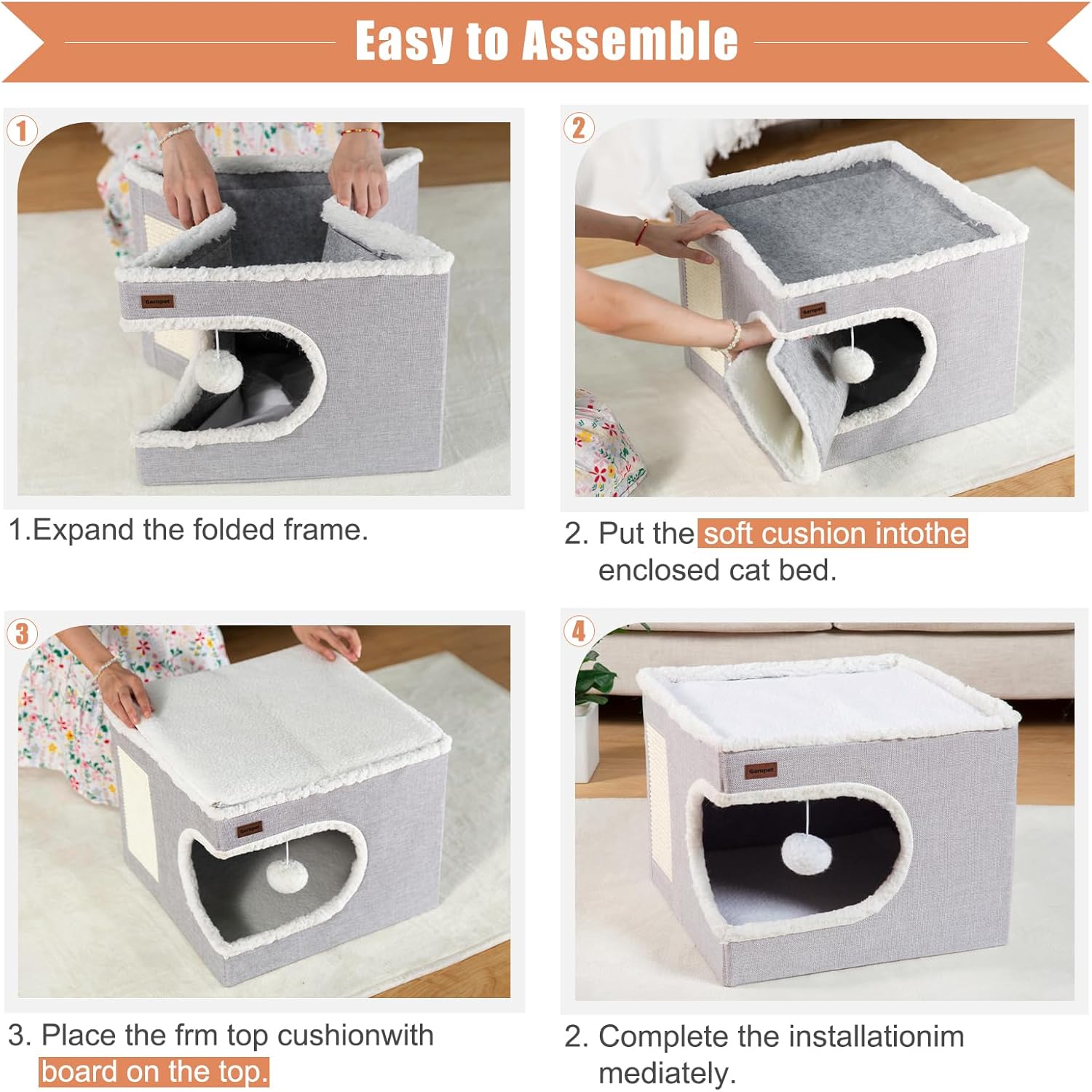 Cat Bed for Indoor Cats Cube House, Covered Cat Cave Beds & Furniture with Scratch Pad and Hideaway Tent, Cute Modern Cat Condo for Multi Small Pet Large Kitten Kitty, Grey - view 4