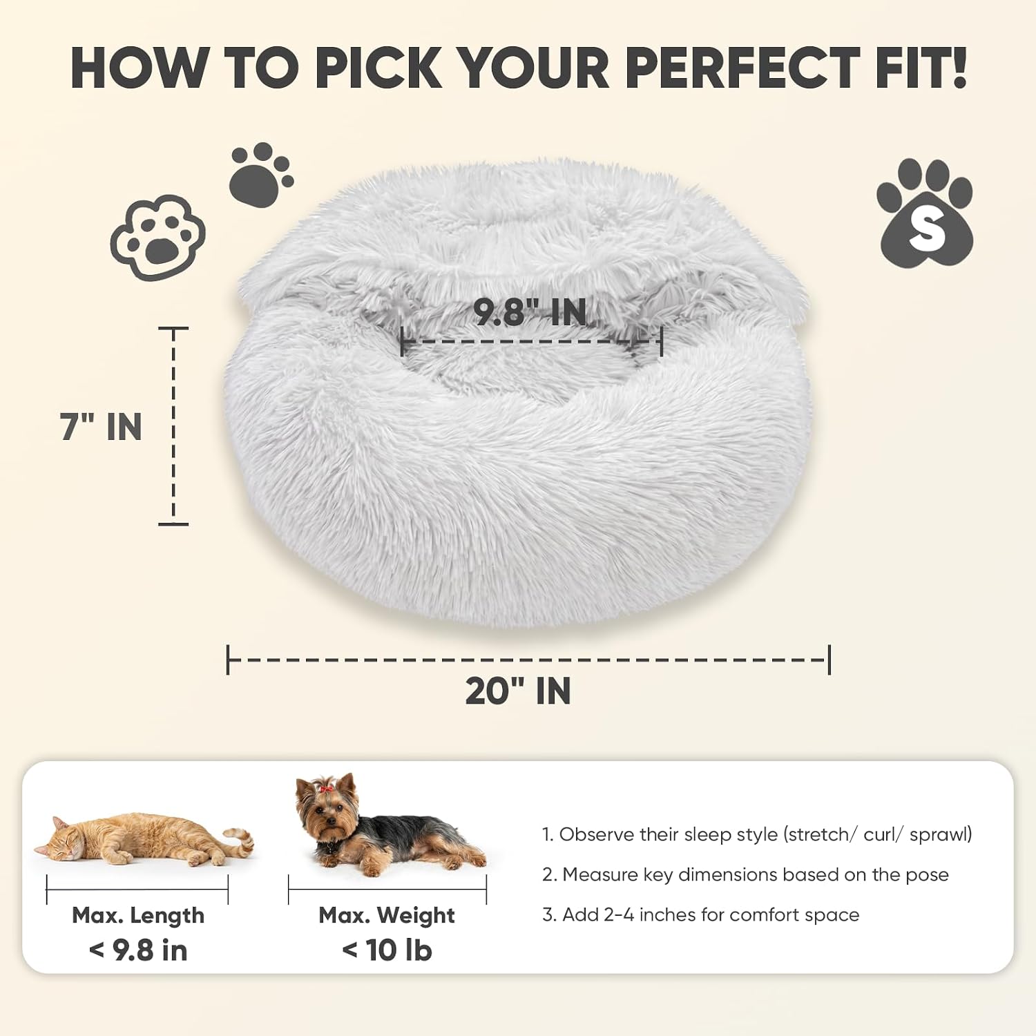 Small cat & dog bed with cover, calming dog bed for small dogs, anti-anxiety donut dog bed with attached blanket, washable round fluffy pet bed (20"/26"/35"), light grey - view 2