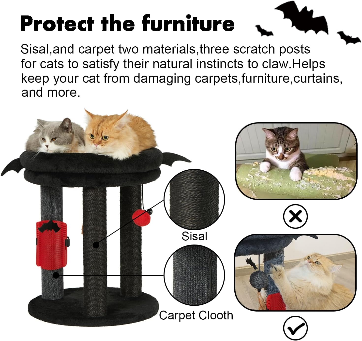 4in1 Small Cat Tree,Scratching Post with Tower Soft Bed, Sisal Carpet Jute Posts with Three Hanging Ball Toys and Massage Brush for Indoor Cats and Kittens - view 3
