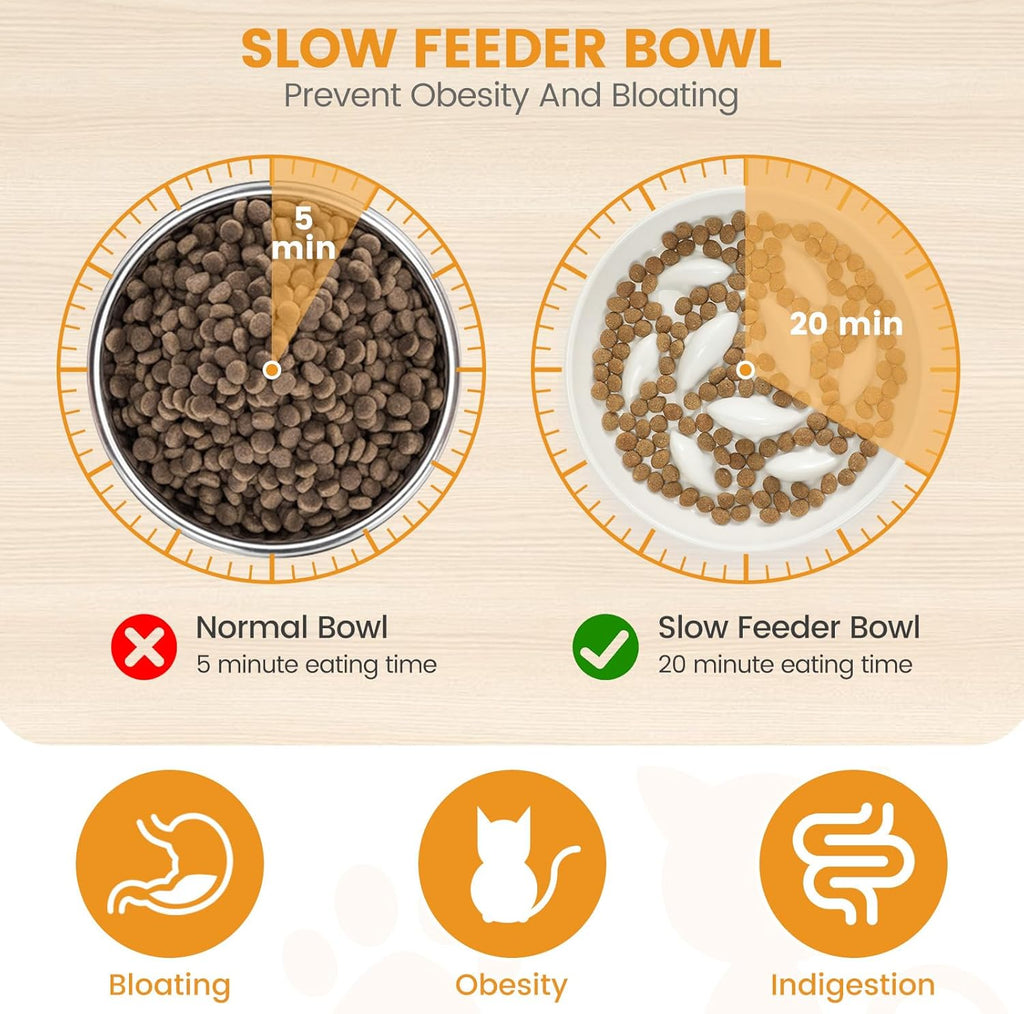 Slow Feeder Cat Bowl with Stand, Ceramic Slow Eating Cat Bowl with Higher Edges Fish Pool Design Elevated Food Bowls for Dry and Wet Food Anti-Vomiting Puzzle Feeder for Healthy Eating Diet - view 2
