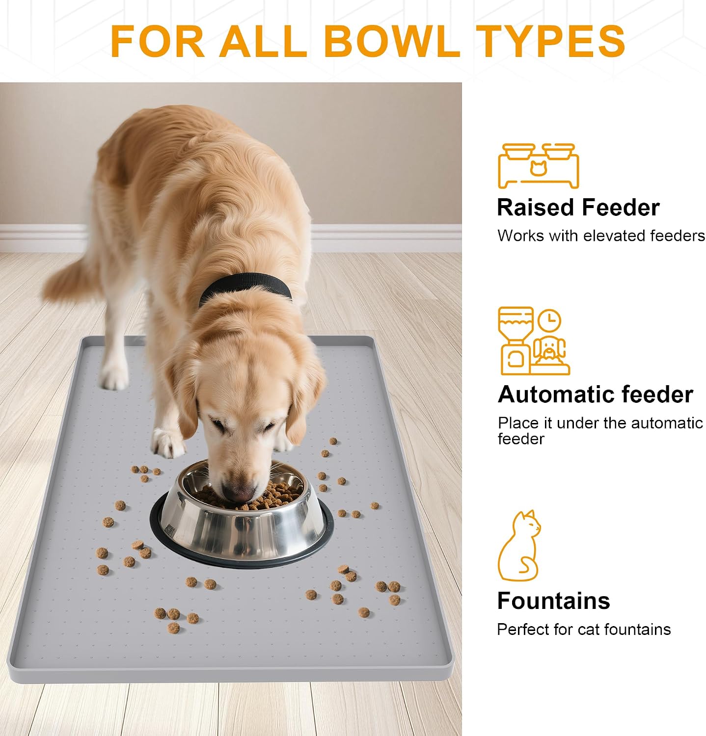 Silicone pet Food mats for Floor Waterproof Water Tray for pet Bowl | Grey 24" x 16" xl pet food mat 0.5” inch raised edge, cat food mats for indoor, pet feeding mat water bowl tray for floors - view 6