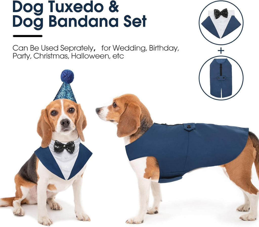 Dog Tuxedo, Dog Suit and Bandana Set, Dogs Costume with D-Ring | Formal Dog Outfit with Detachable Bowtie Collar for Wedding, Birthday, Party, Christmas, Halloween, Royal Blue M - view 2
