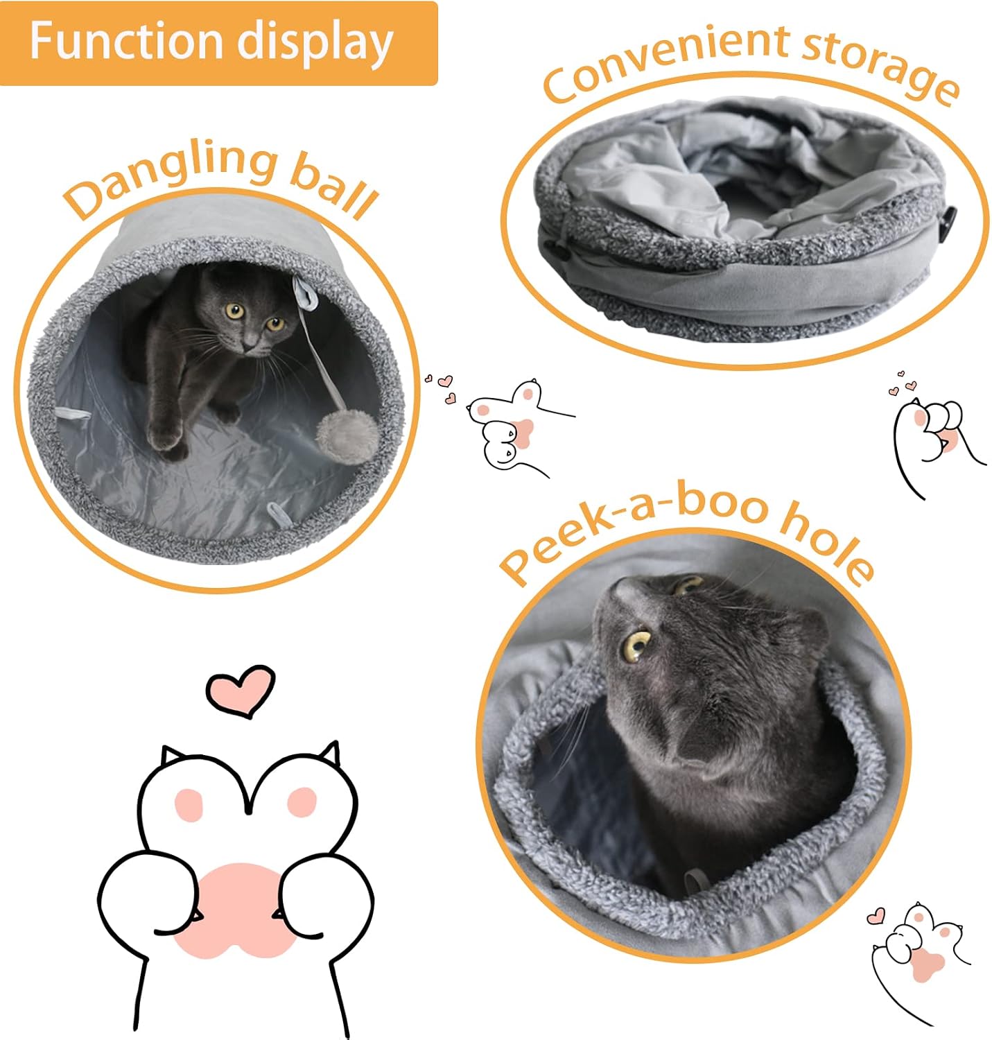 Cat tunnel for indoor cats, 51×12 inch foldable big cat tunnel, grey suede pet tunnels with two peepholes and a bubble ball - view 2
