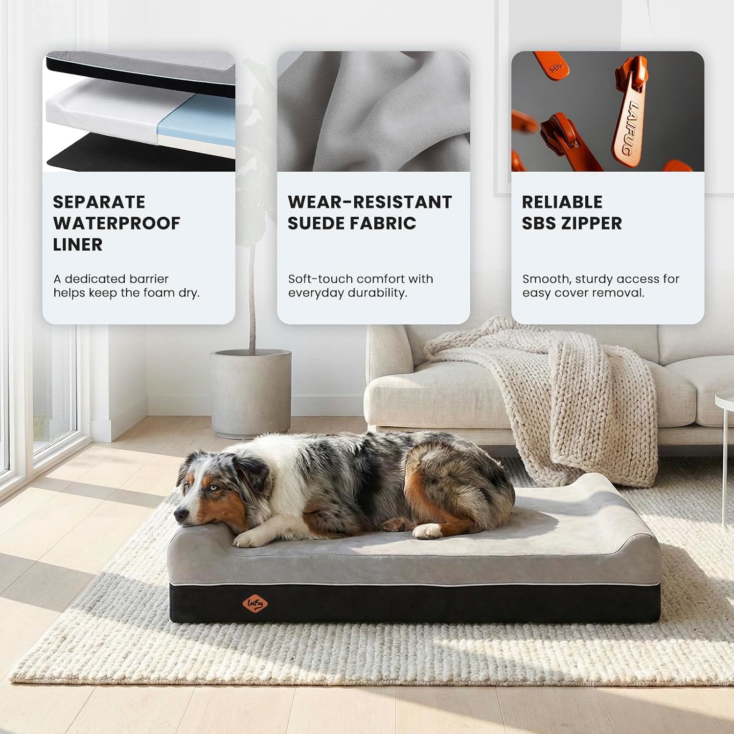 Orthopedic dog beds for large dogs, 7" memory foam dog beds, durable water proof liner removable and washable, nonskid bottom, slate grey 50"x36"x10" - view 6