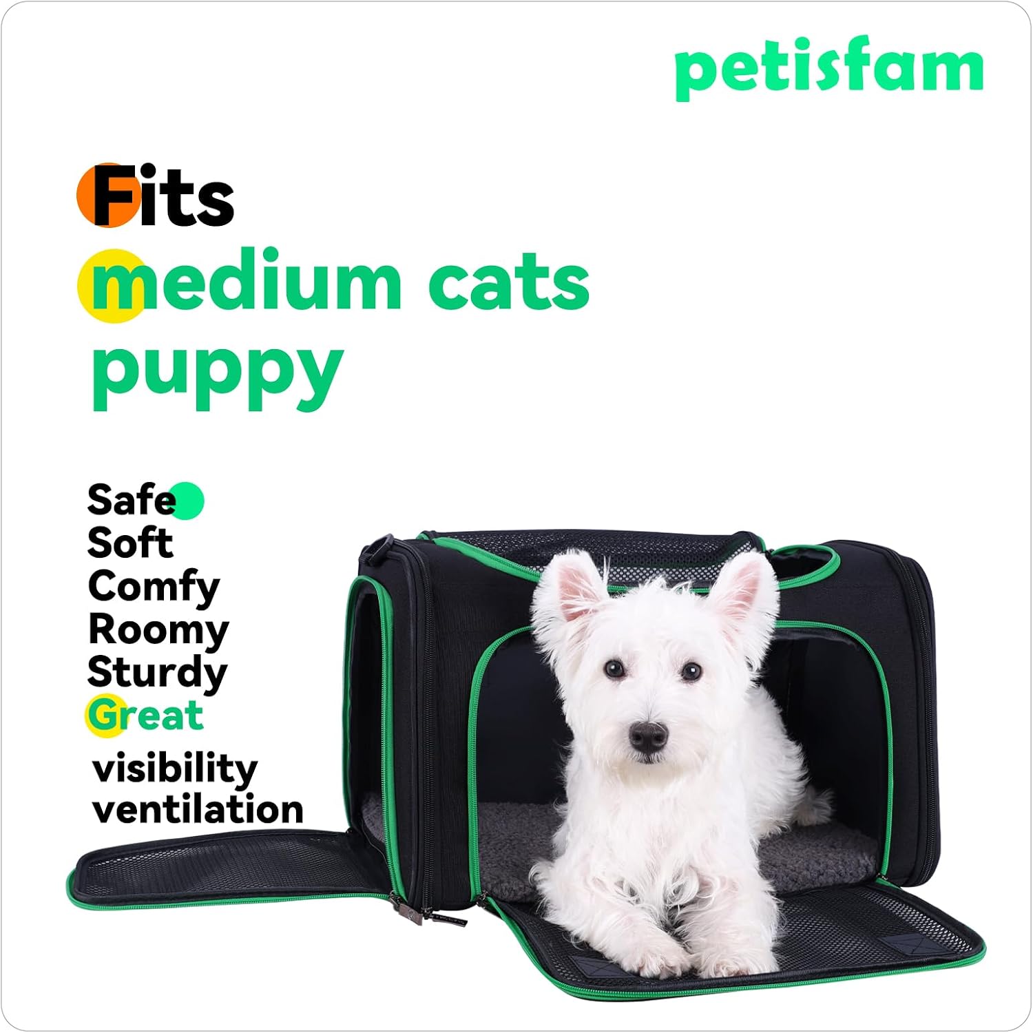 Pet carrier bag for cats & dogs. Airy mesh windows let fur-kids see you reduce anxiety & breath easy. Rip-stop fabric & lockable zips hug securely. Washable comfy pad. Collapsible - view 8
