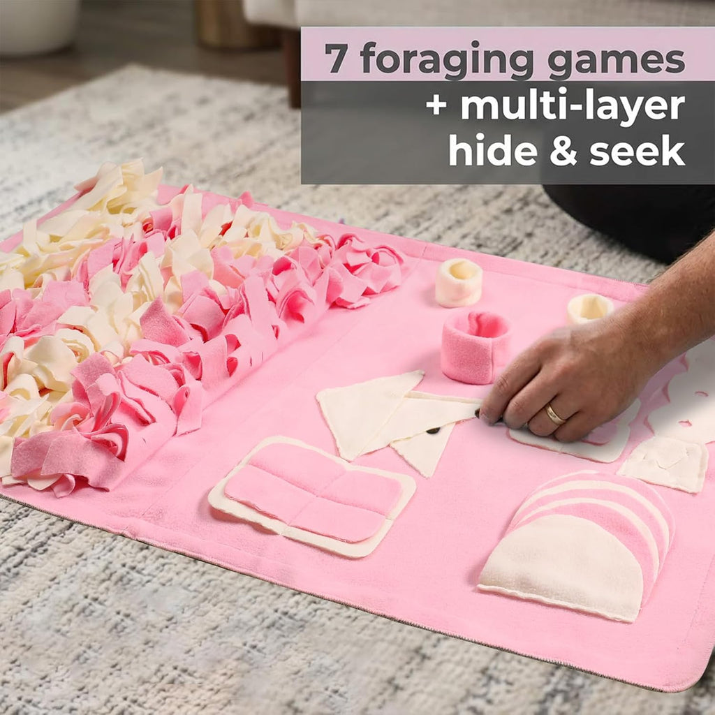 Snuffle mat for dogs: slow food interactive experience | 7 enrichment foraging games for large dog owners needing to burn pet energy - washable 1000 times - 22x38 inch - pink - view 3