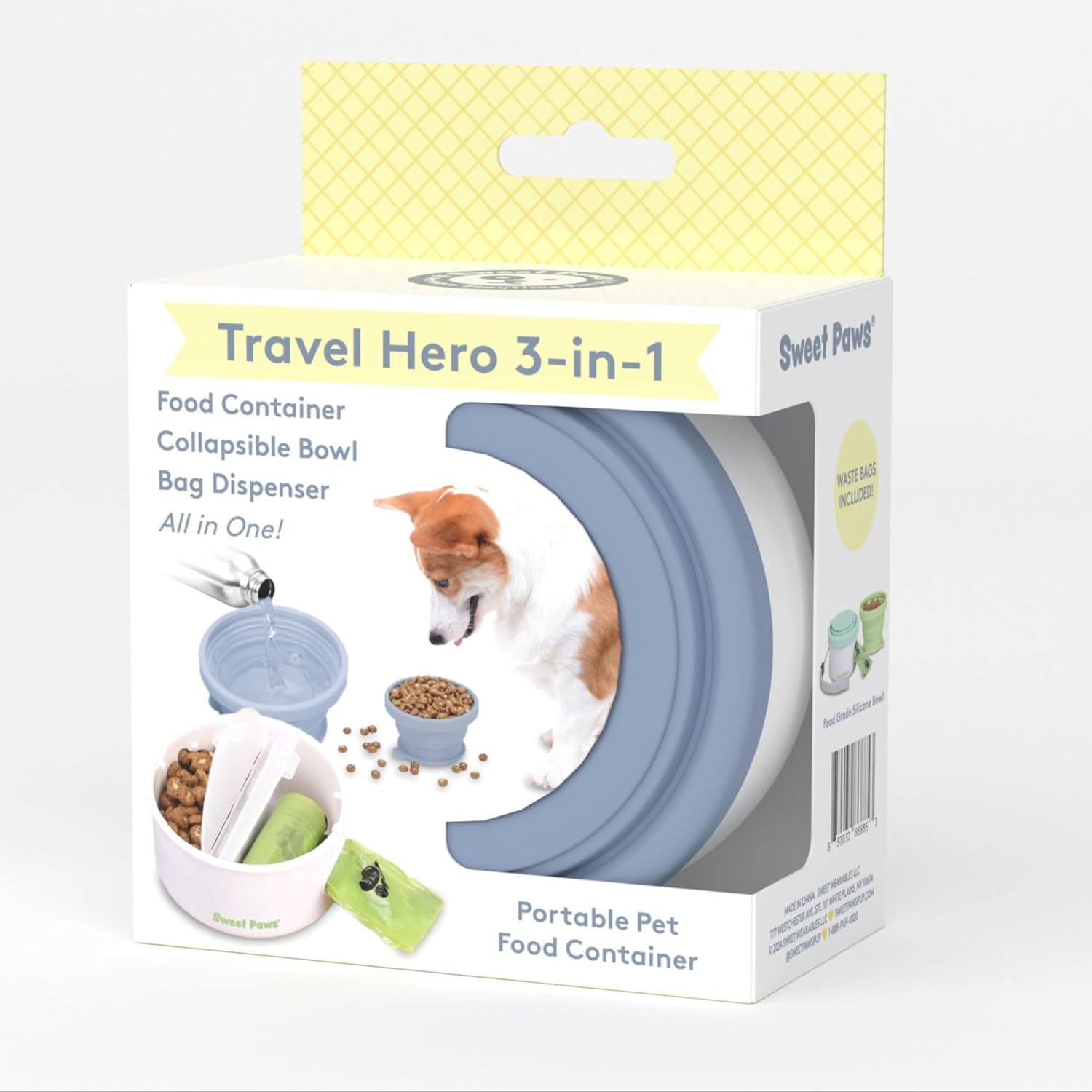 3-in-1 portable pet food container for puppies and small breeds, comes with a silicone water bowl and poop bag dispenser in one, glacier