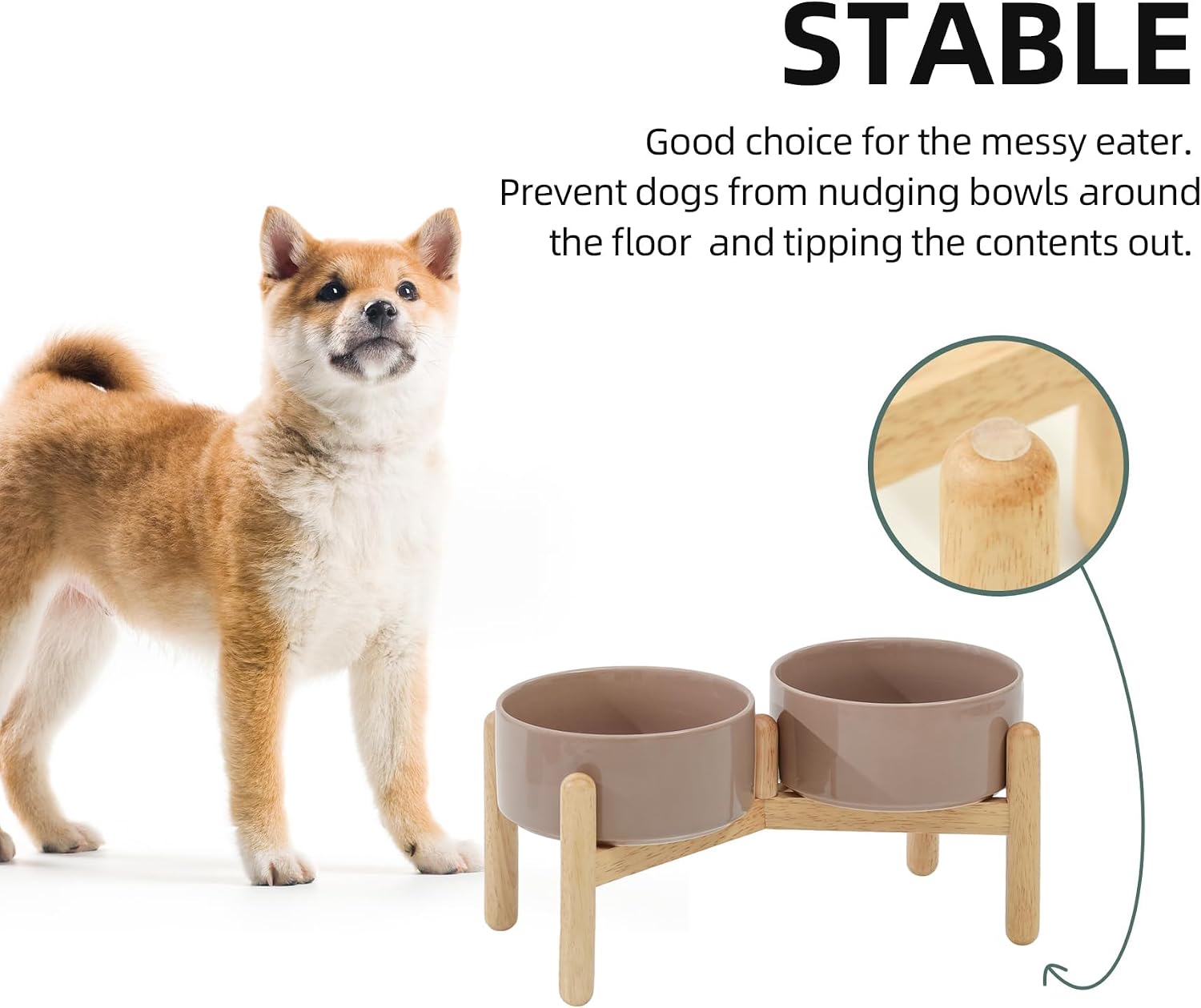 Elevated Dog Bowls Ceramic Dog Bowls with Stand, Dog Food Bowl | 6.1” Raised Dog Bowls with Non-Slip Wood Stand, Dog Food and Water Bowl Set, Double Dog Feeding Bowls for Small & Medium Dogs - view 7
