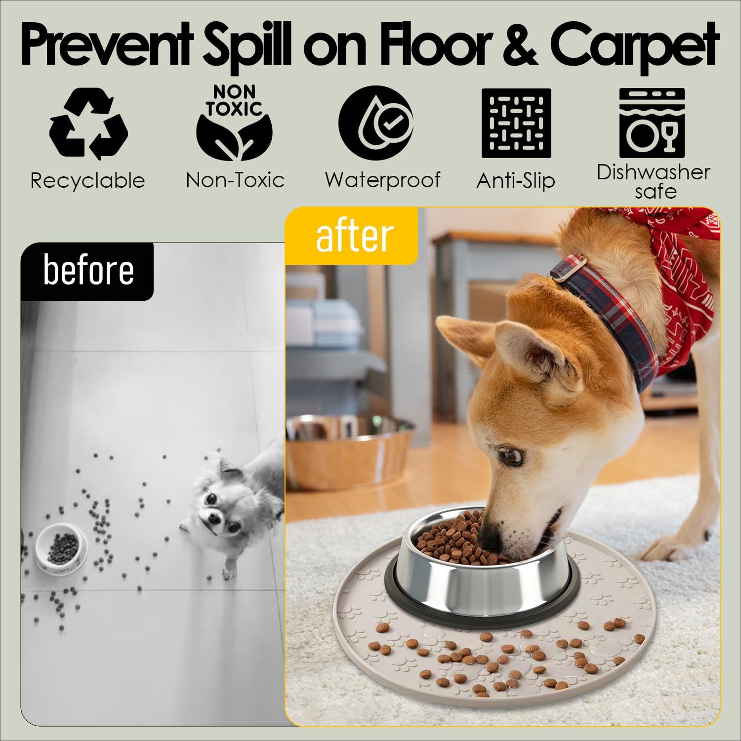 2 pack pet feeding mats, waterproof anti-slip placemats for dog cat bowl silicone pet food mat, raised edge prevent spills on floor & carpet, dishwasher safe (2 beige, 10.9" L x 10.9" W) - view 2