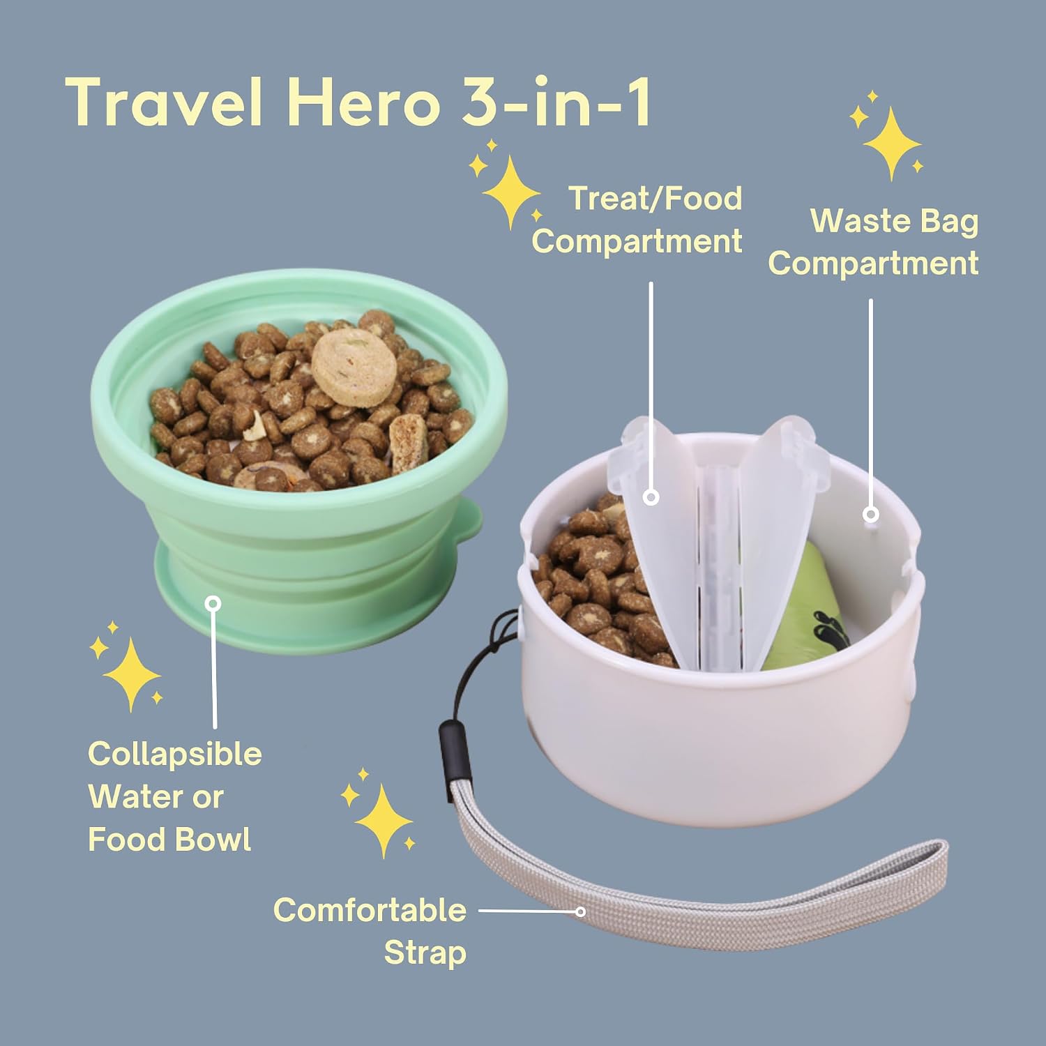 3-in-1 portable pet food container for puppies and small breeds, comes with a silicone water bowl and poop bag dispenser in one, glacier - view 4