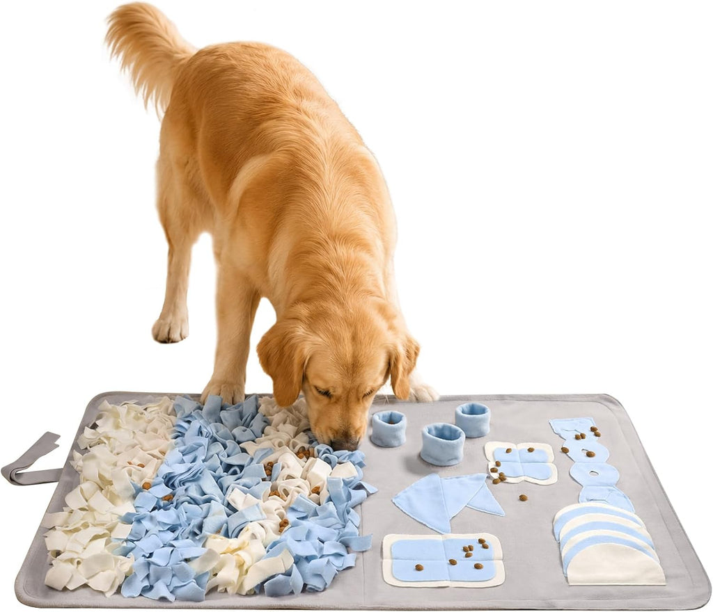 Snuffle mat for dogs: slow food interactive experience | 7 enrichment foraging games for large dog owners needing to burn pet energy - washable 1000 times - 22x38 inch - grey