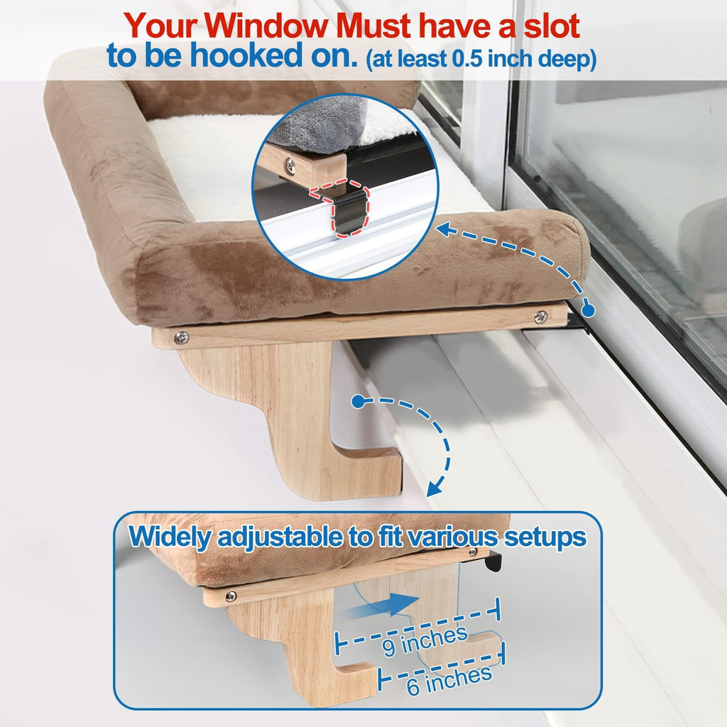 Cat Perch for Window Sill with Bolster - Orthopedic Hammock Design with Premium Hardwood & Robust Metal Frame - Cat Window Seat for Large Cats and Kittens - Natural Color Wood Gray Bed, 24''W - view 5