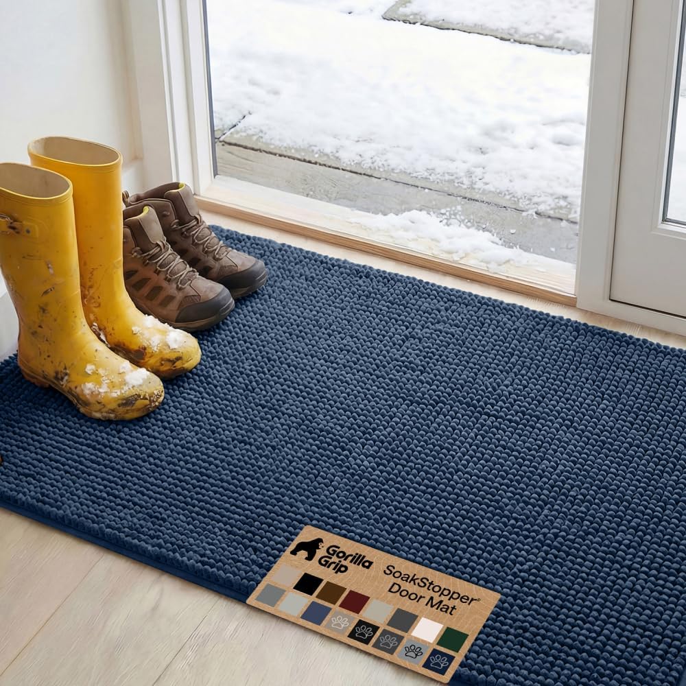 Dog door mat, 48x30 machine washable rug absorbent doormat captures moisture mud dirt, quick dry soft chenille entryway rugs indoor entrance mats for dog paws, navy blue