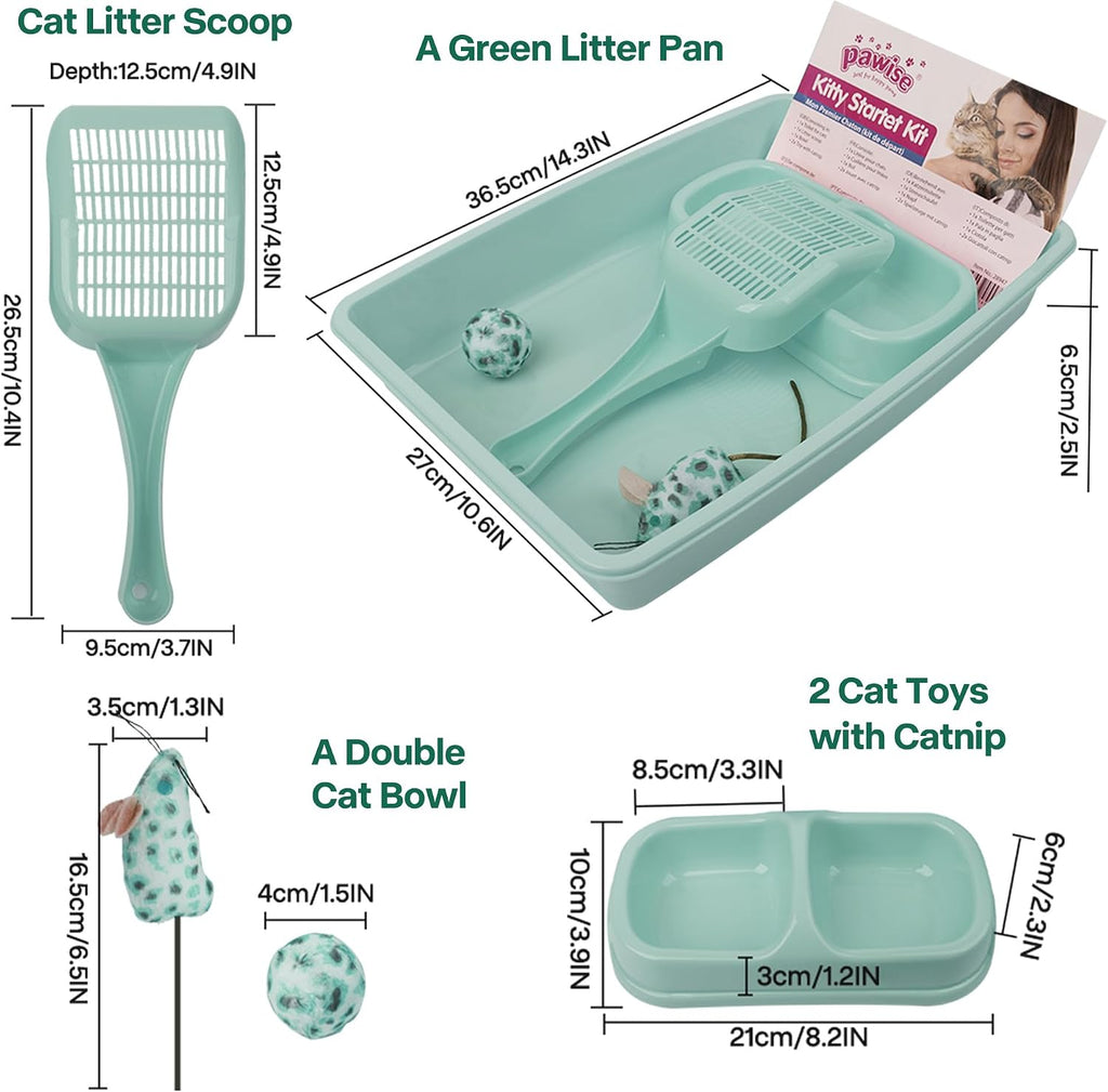 Small Cat Litter Box,14.3 x 10.6 x 2.5 Kitten Litter Box Starter Kit,Low Entry Baby Kitten Training Litter Box with Scoop,Bowls,Cat Mouse Toy and Ball Toy,First Catty Owner Essentials (Green) - view 2