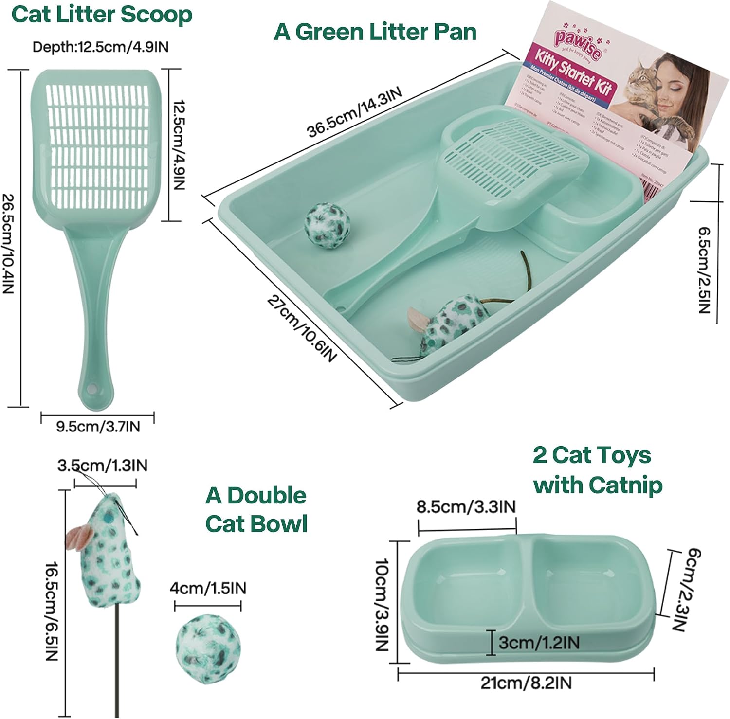 Small Cat Litter Box,14.3 x 10.6 x 2.5 Kitten Litter Box Starter Kit,Low Entry Baby Kitten Training Litter Box with Scoop,Bowls,Cat Mouse Toy and Ball Toy,First Catty Owner Essentials (Green) - view 2