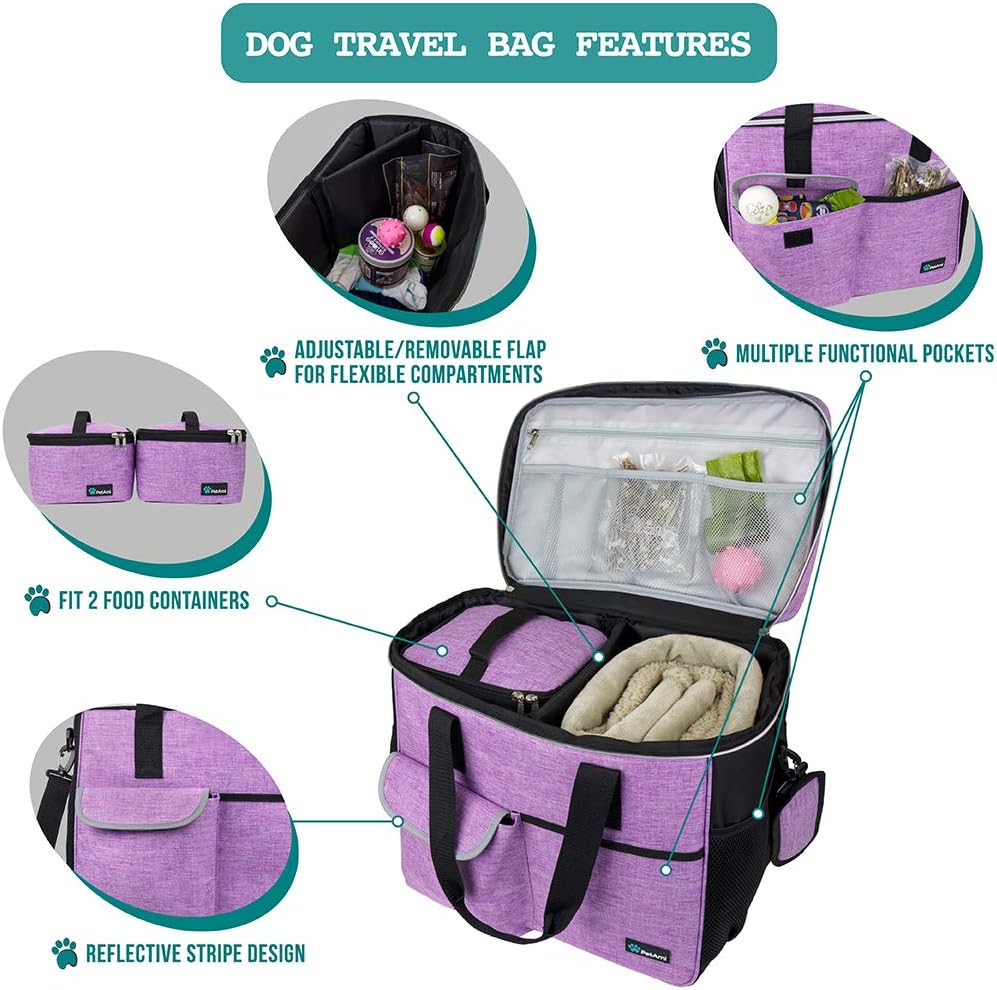 Dog Travel Bag Organizer, Pet Travel Kit with 2 Food Containers & 2 Collapsible Dog Bowls, Pet Supplies Tote with Luggage Sleeve, Weekend Road Trip Camping Essentials, Purple, Large - view 4