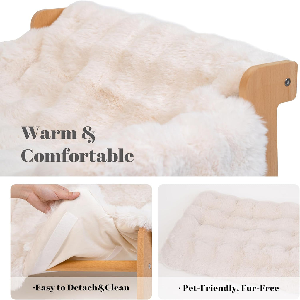 Elevated Cat Couch Bed Wooden Raised Kitty Sofa Lounge Chair | Washable Fluffy Cover Wooden Elevated Pet Furniture for Indoor Cats and Puppy(White) - view 3
