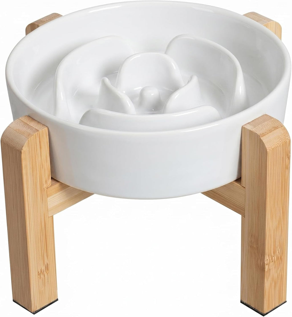 Elevated slow feeder dog bowl, 6.7" ceramic maze dog bowl with stand | 1.5 cups slow feeding dog dish for fast eaters, 5" tall anti-slip raised slow feeder for small and medium breeds, white