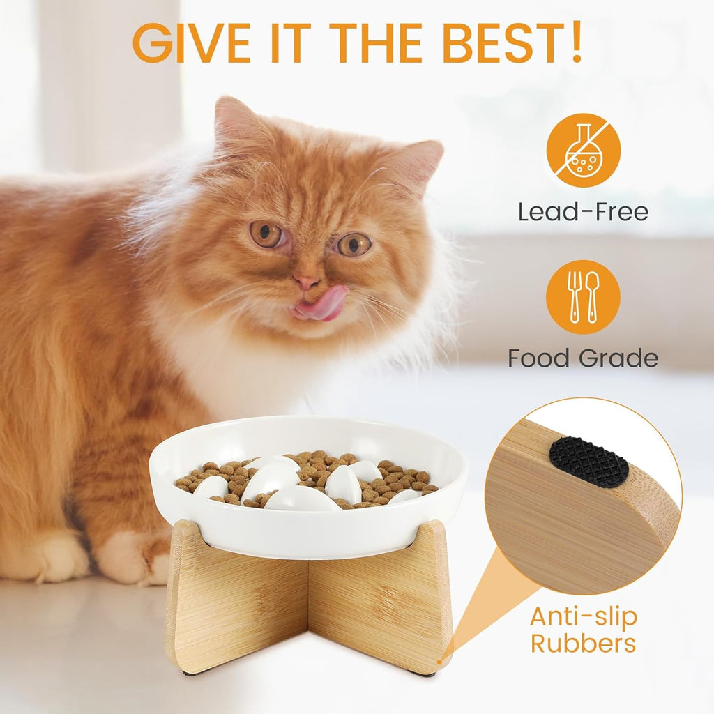 Slow Feeder Cat Bowl with Stand, Ceramic Slow Eating Cat Bowl with Higher Edges Fish Pool Design Elevated Food Bowls for Dry and Wet Food Anti-Vomiting Puzzle Feeder for Healthy Eating Diet - view 6