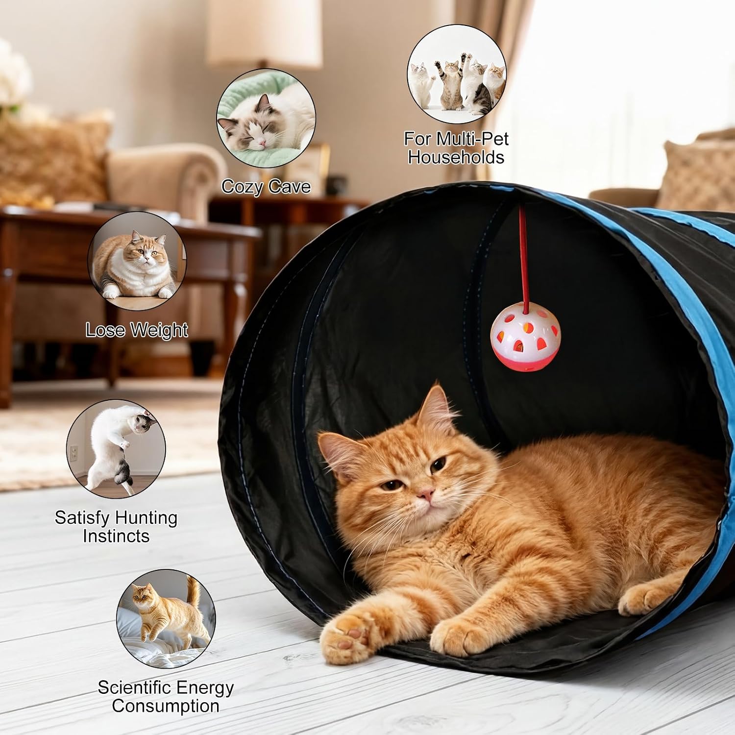 Cat Tunnel for Indoor Cats, 5 Way Cat Tubes and Tunnels Collapsible S-Shape Small Animal Tubes Kitty Tunnels Interactive Maze Cat Toy for Kitten Rabbit Ferret - 5 Way - view 3