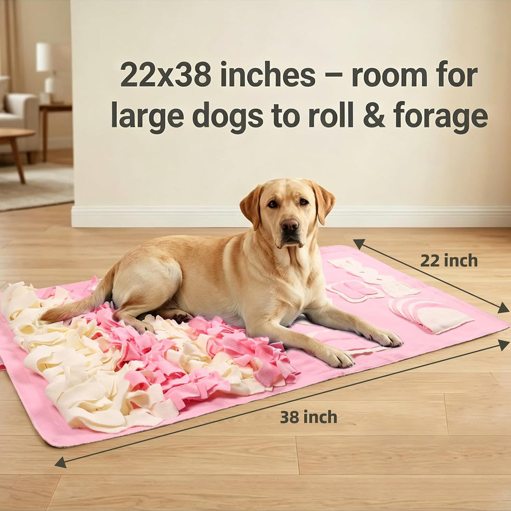 Snuffle mat for dogs: slow food interactive experience | 7 enrichment foraging games for large dog owners needing to burn pet energy - washable 1000 times - 22x38 inch - pink - view 7