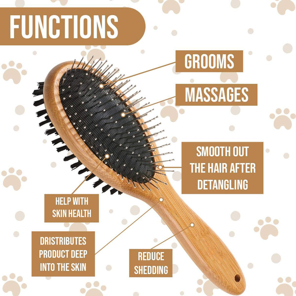 Dog brush, double sided pet slicker brush with bamboo handle for dogs and cats long hair pets grooming comb for removing shedding, tangles and dead undercoat - view 4