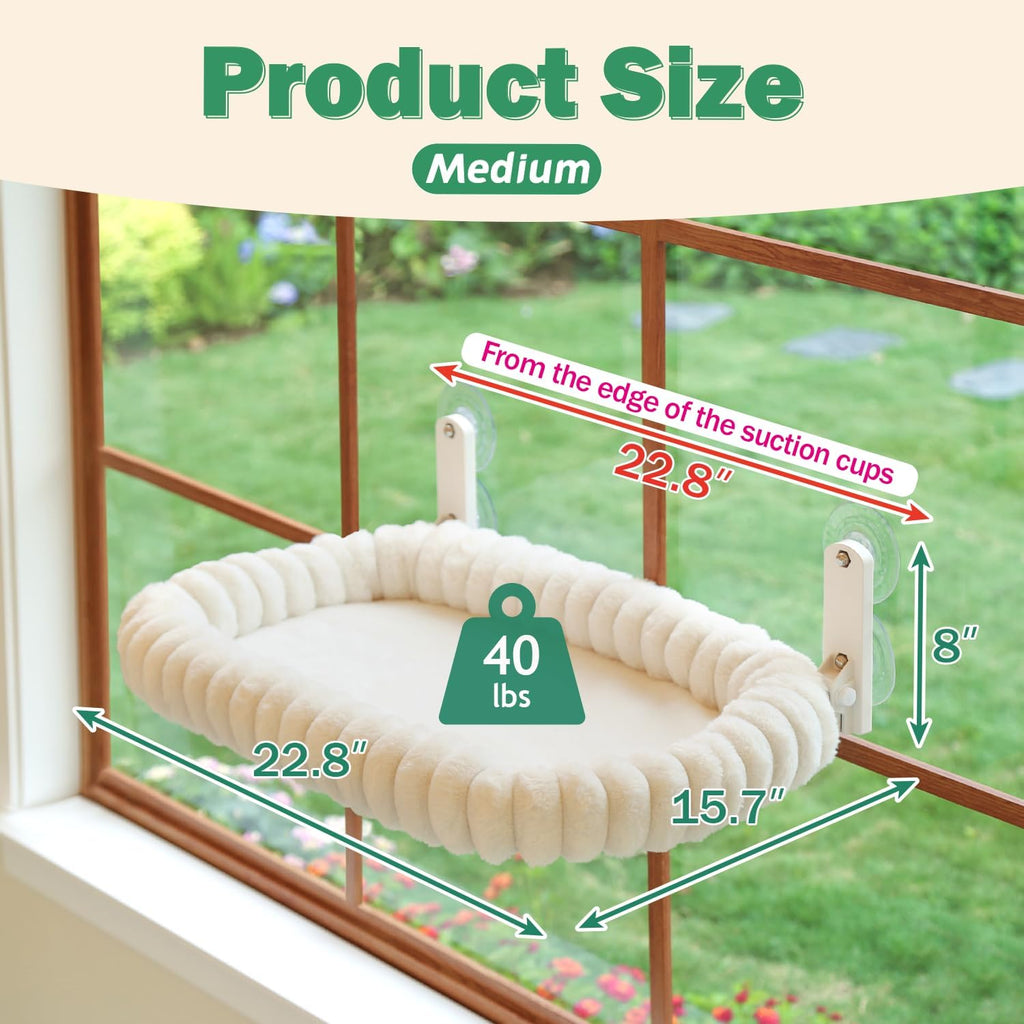 Foldable cat window perch - cordless, ultra soft machine washable bed with 4-sided bolster, metal frame - window hammock for large cats and kittens (cream white, medium) - view 3