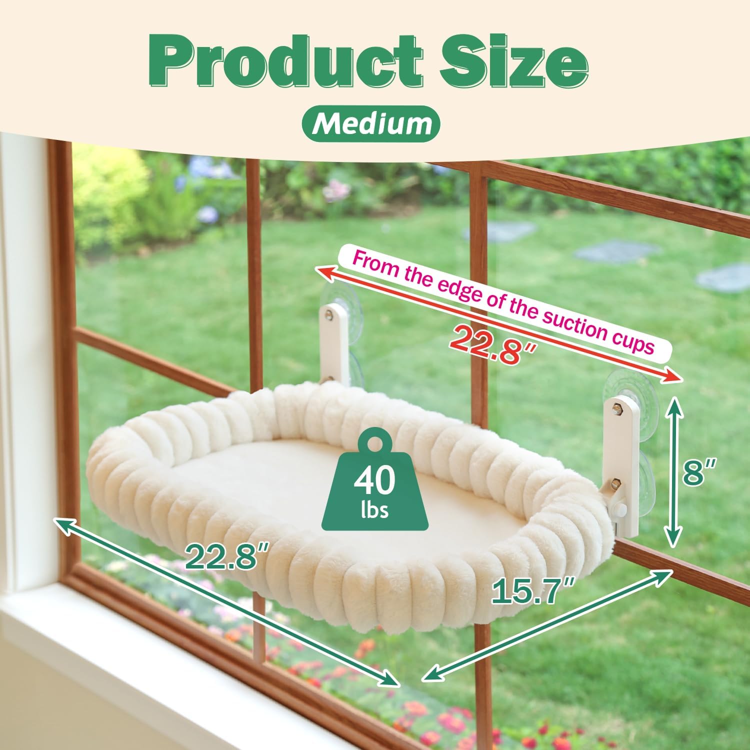 Foldable cat window perch - cordless, ultra soft machine washable bed with 4-sided bolster, metal frame - window hammock for large cats and kittens (cream white, medium) - view 3