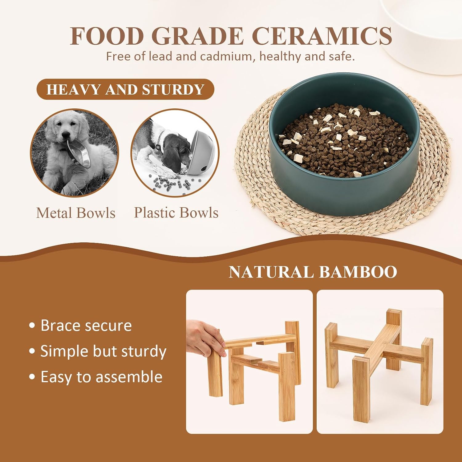 Raised ceramic large dog bowl - heavy weighted dog dish with bamboo stand - elevated for comfortable feeding - 8.3" W x 8" H - 4.5 cups (68 fl oz) - green - view 4