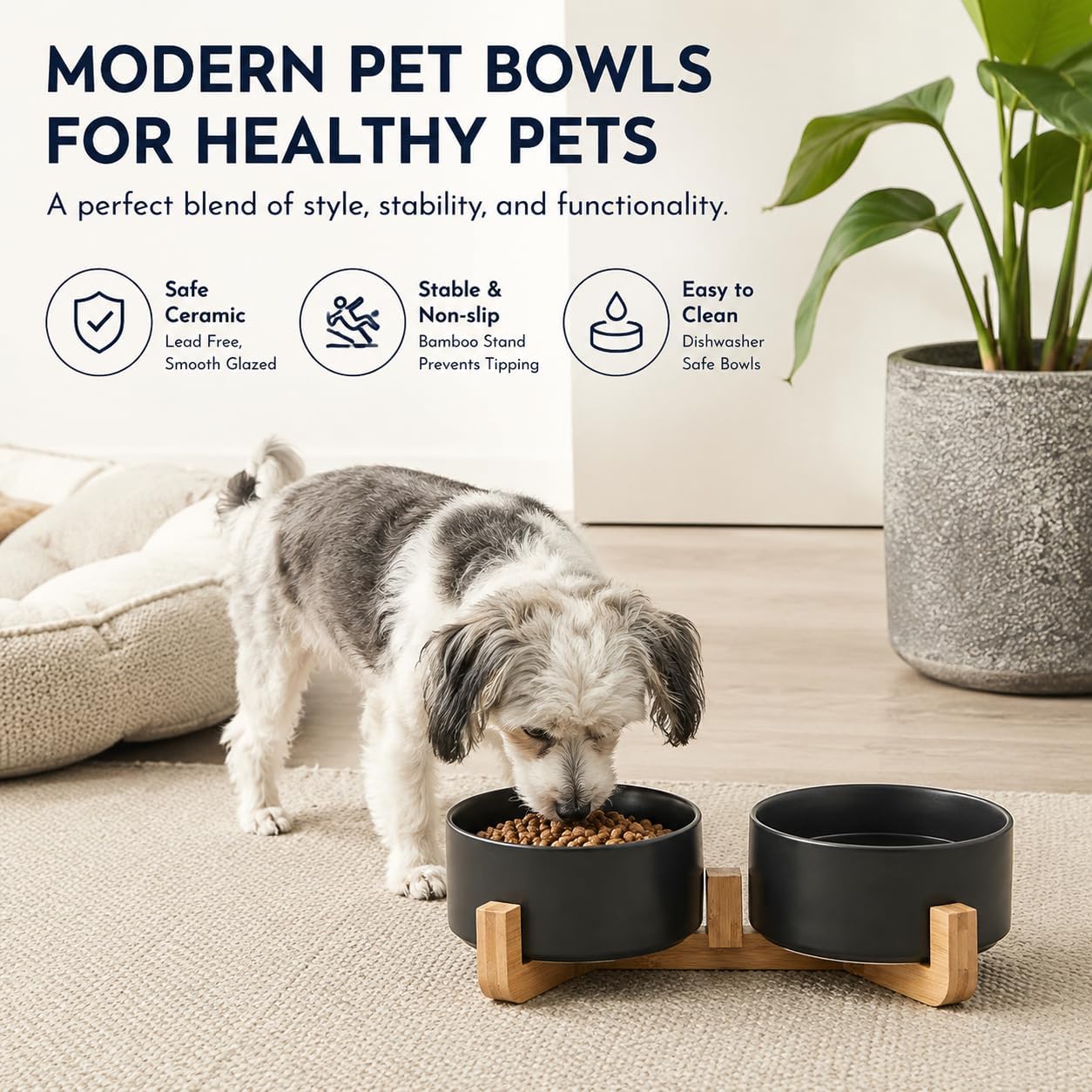 Ceramic Dog Cat Bowls Set with Stand,Black Pet Food and Water Bowl,Small Dog Bowls Cute Modern Anti Slip Set of 2 Pet Feeder Small Size Pet Dish(13.5OZ/5.1 in) - view 6