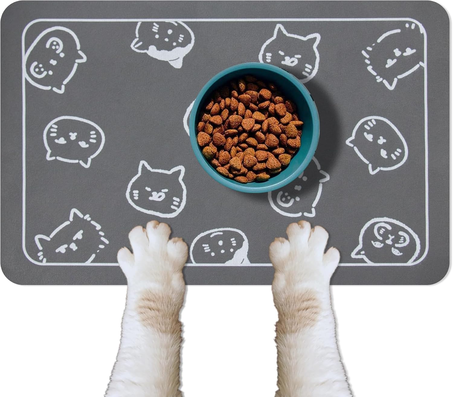 Cat Food Mat for Pet Dog Feeting Mats, Cat Mat for Food and Water, Non-Slip Super Absorbent, with Multiple cat Heads Logo，18.1 x 11.8 inches, Dark Grey