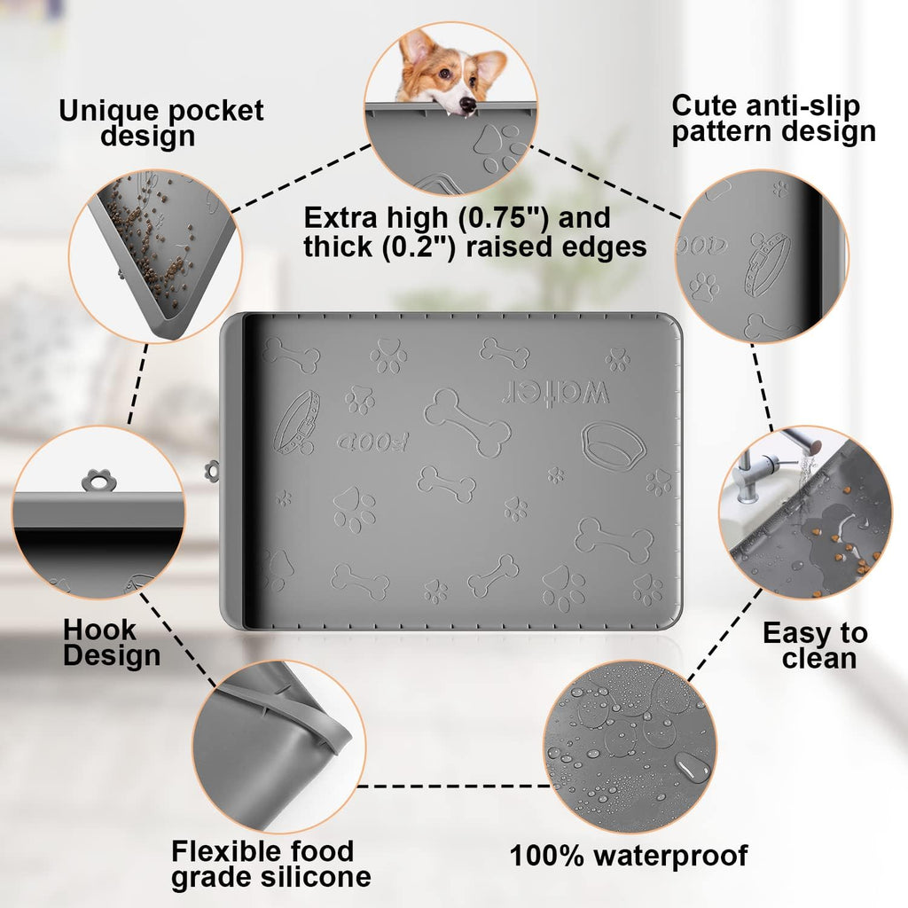 Dog food mat 36"x24" - silicone dog mat for food and water large pet feeding mats with residue collection pocket - waterproof dog cat bowl mat with high edges to prevent water food spills (gray) - view 4