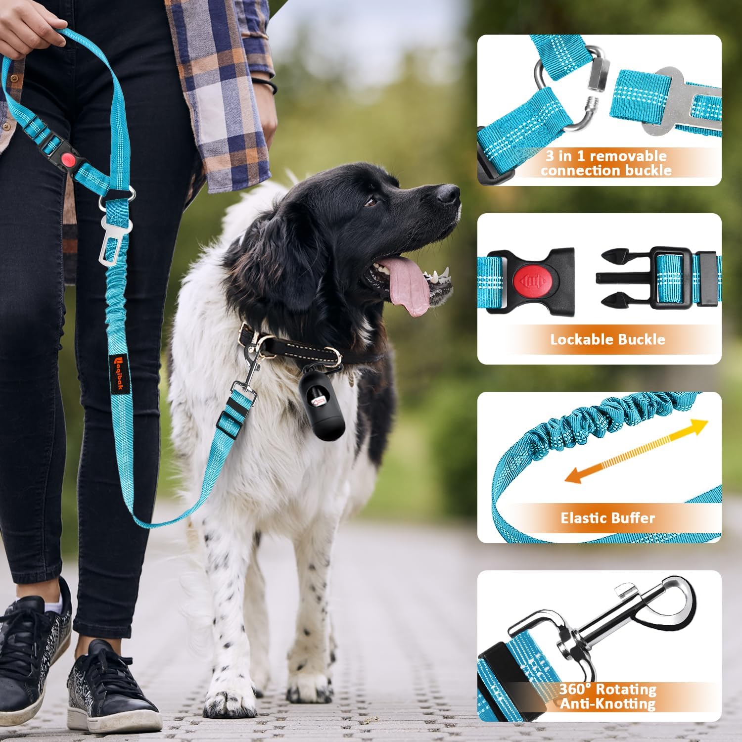 Removable Dog Seat Belt Harness for Car, 3 in 1 Pet Dog Car Seatbelt Leash, Retractable Restraint Secures to Vehicle Headrest & Adjustable Reflective Bungee Dog Seatbelt Tether, Blue and Black | Retractable Headrest-Mounted,Restraint & Adjustable Reflecti - view 6
